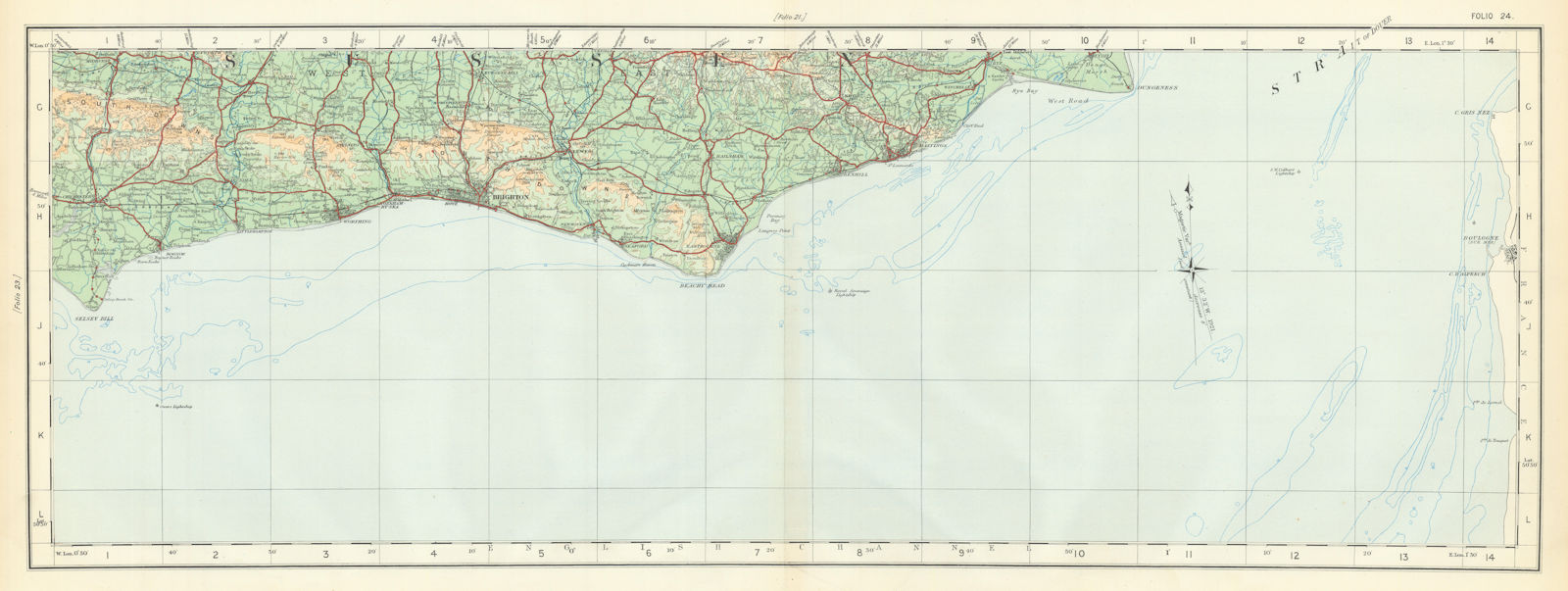 Sussex coast & South Downs. Brighton Worthing Hastings ORDNANCE SURVEY 1922 map