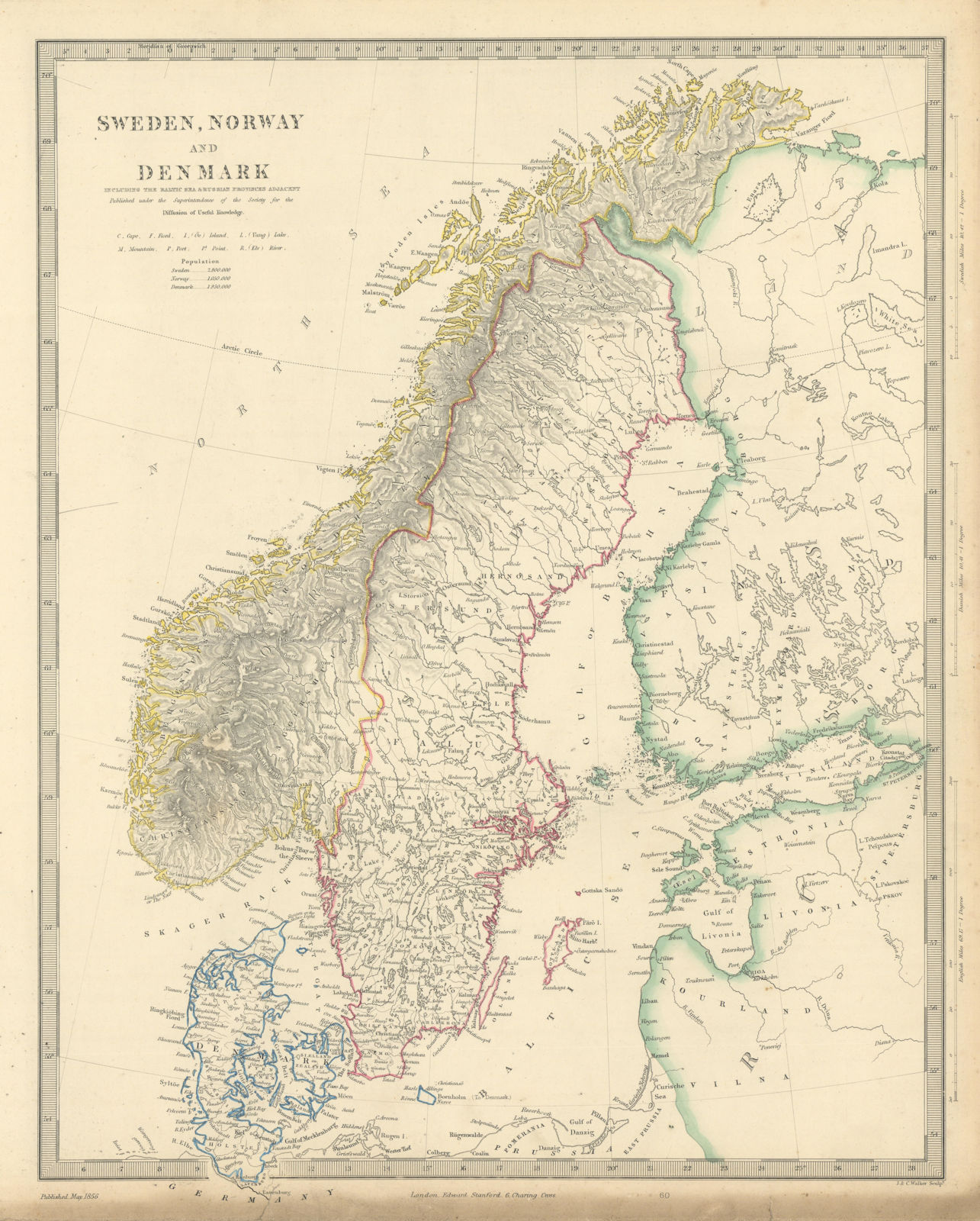 SCANDINAVIA. Sweden, Norway, and Denmark. Population table. SDUK 1856 old map