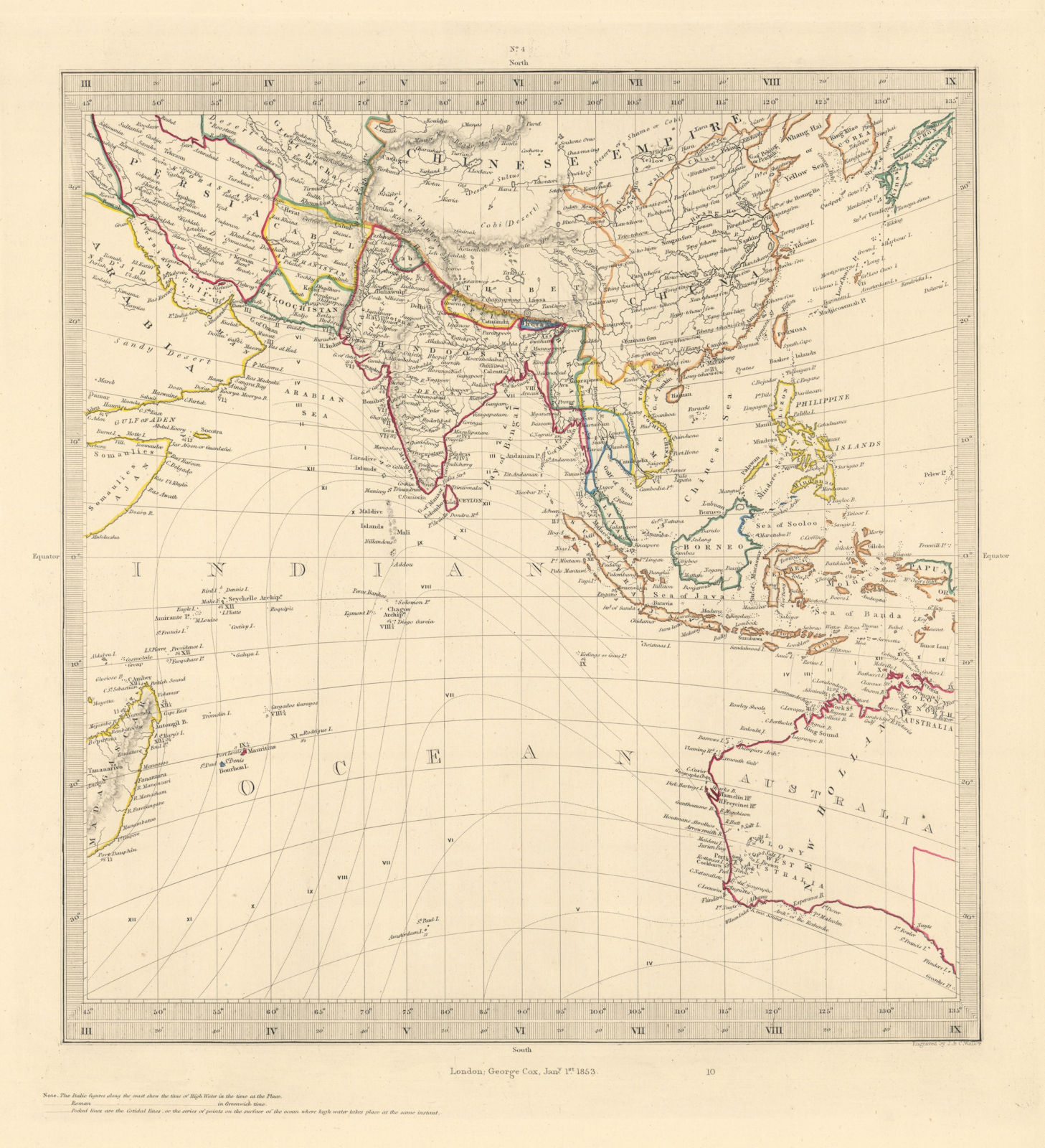 ASIA AUSTRALIA. On Gnomonic Projection. China Indian Ocean. SDUK 1853 old map