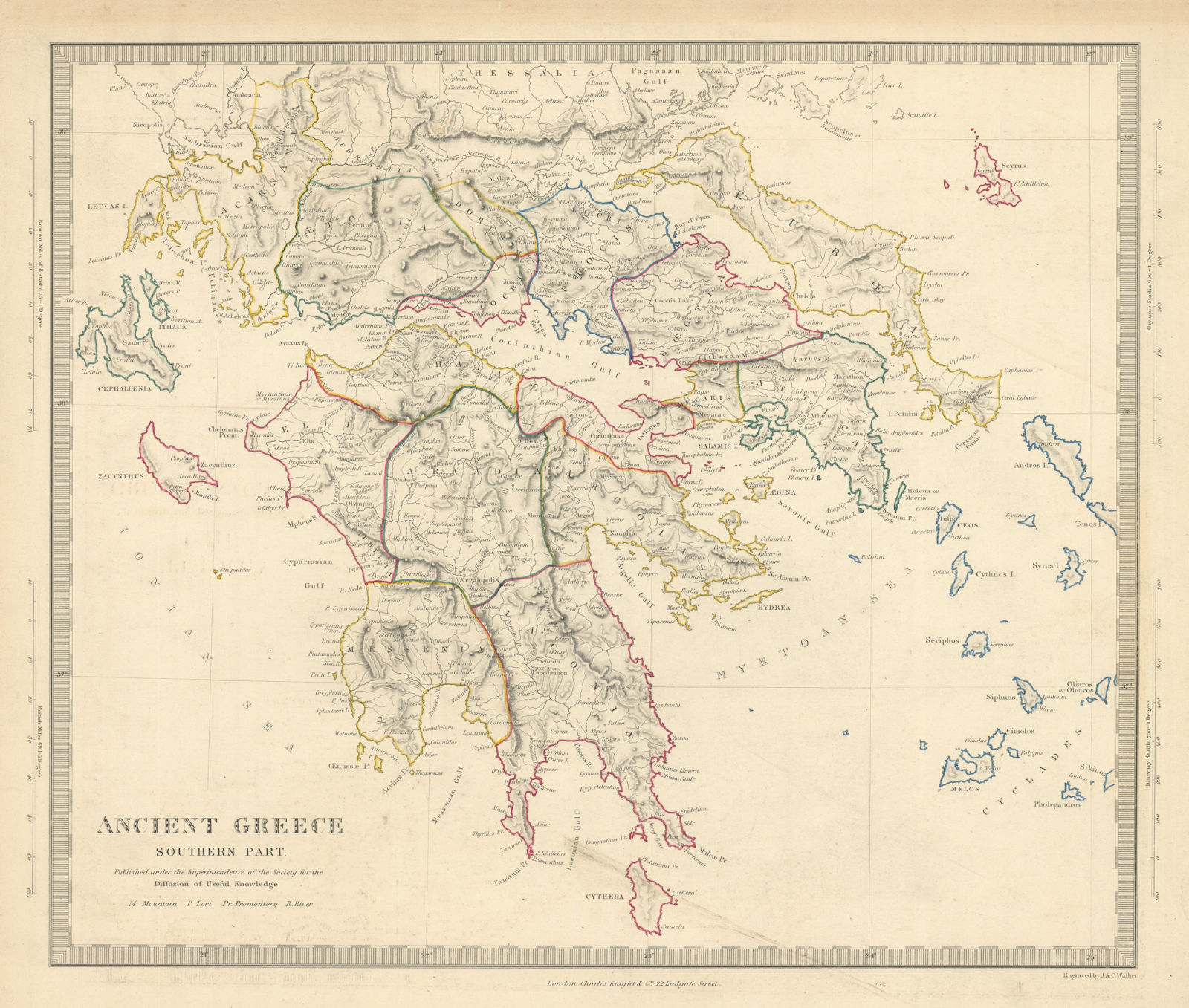 ANCIENT GREECE SOUTH. Peloponnese Attica Athens Cyclades. SDUK 1851 old map