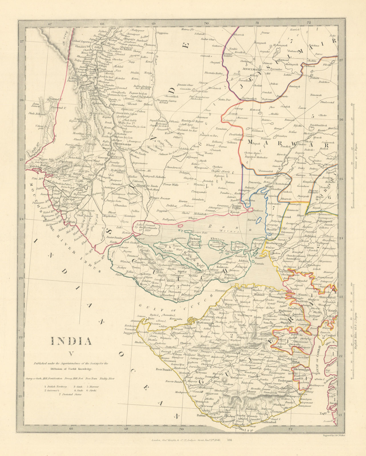 INDIA V.  Sinde-Gujerat. Marwar Cutch Jaisalmer. SDUK 1851 old antique map
