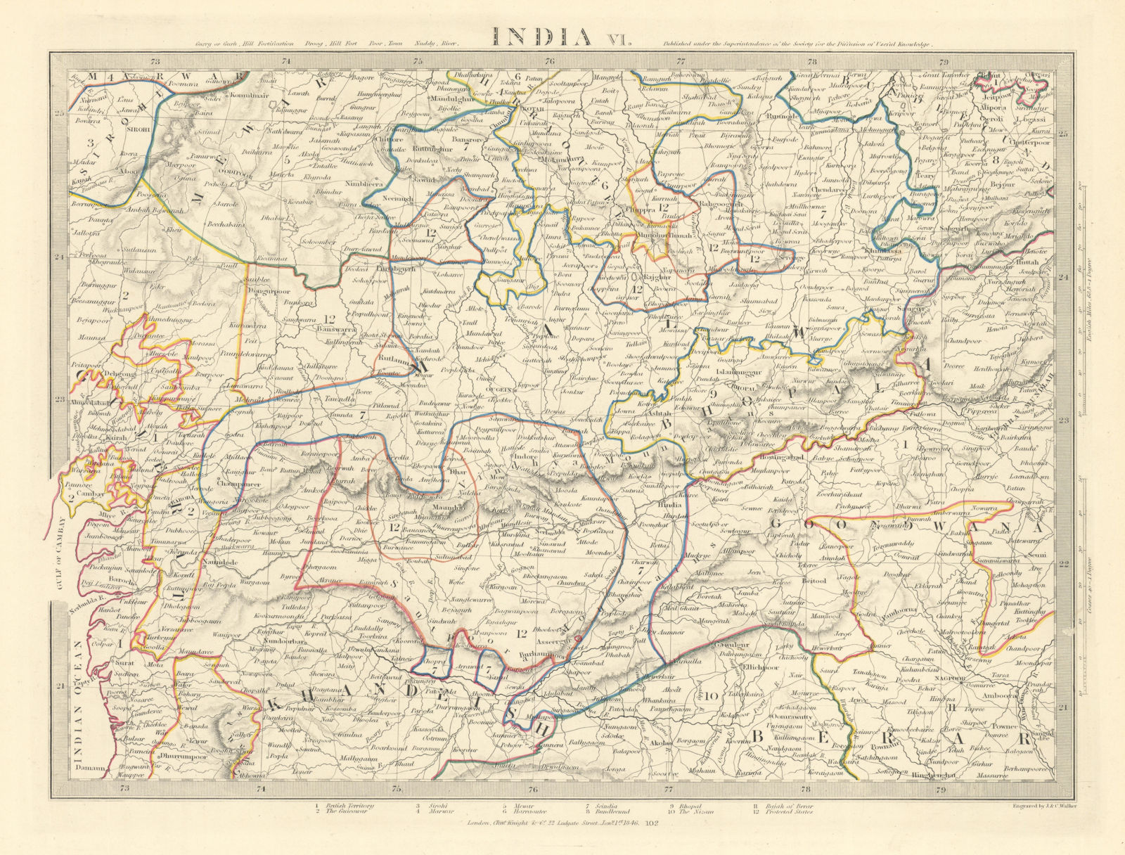 INDIA VI. Bundelkhand-Khandeish Berar. Gujerat. Goondwana Bhopal. SDUK 1851 map