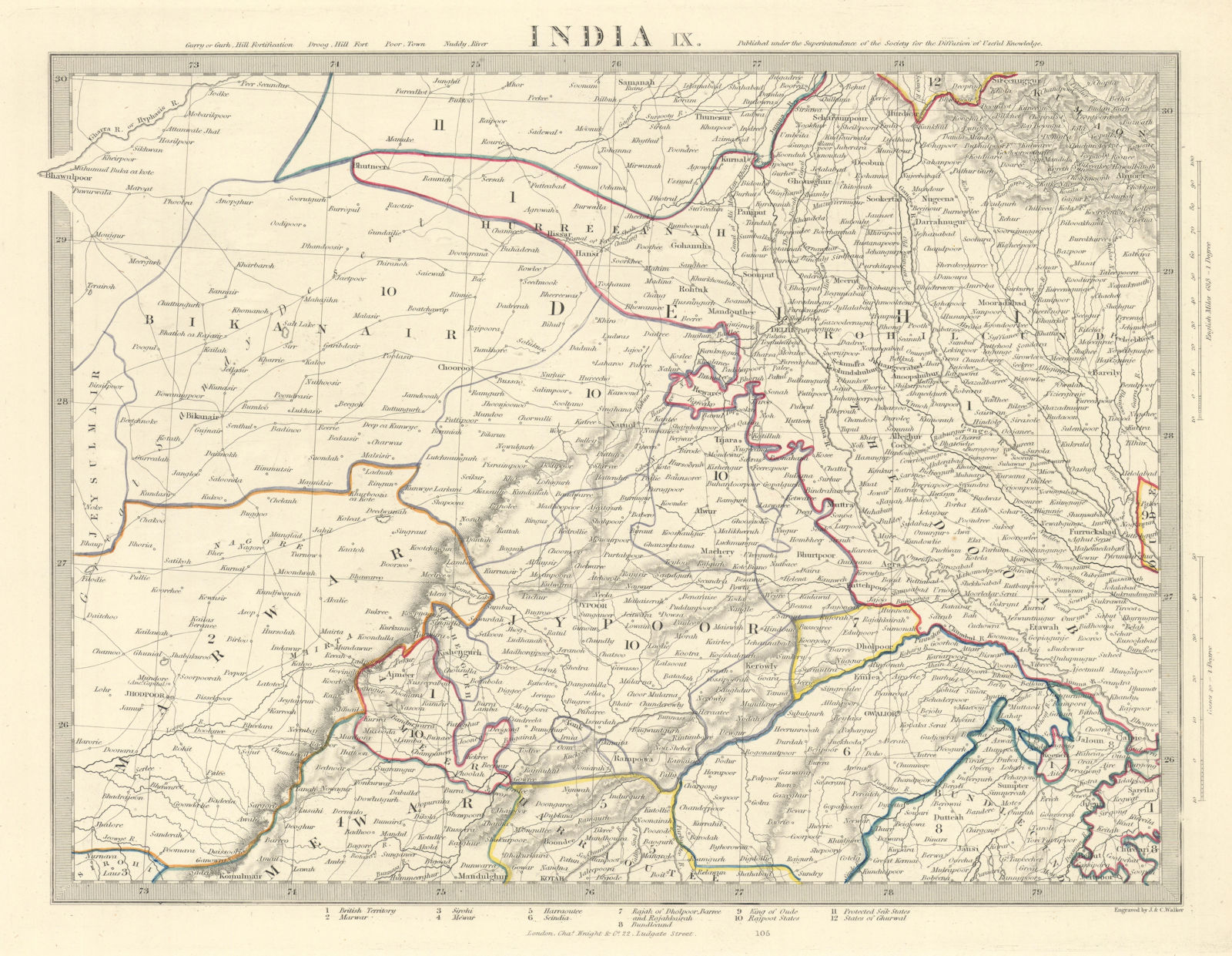 INDIA IX. RAJASTHAN Delhi Jaipur Marwar Bikaner Mewar Bundelkhand. SDUK 1851 map