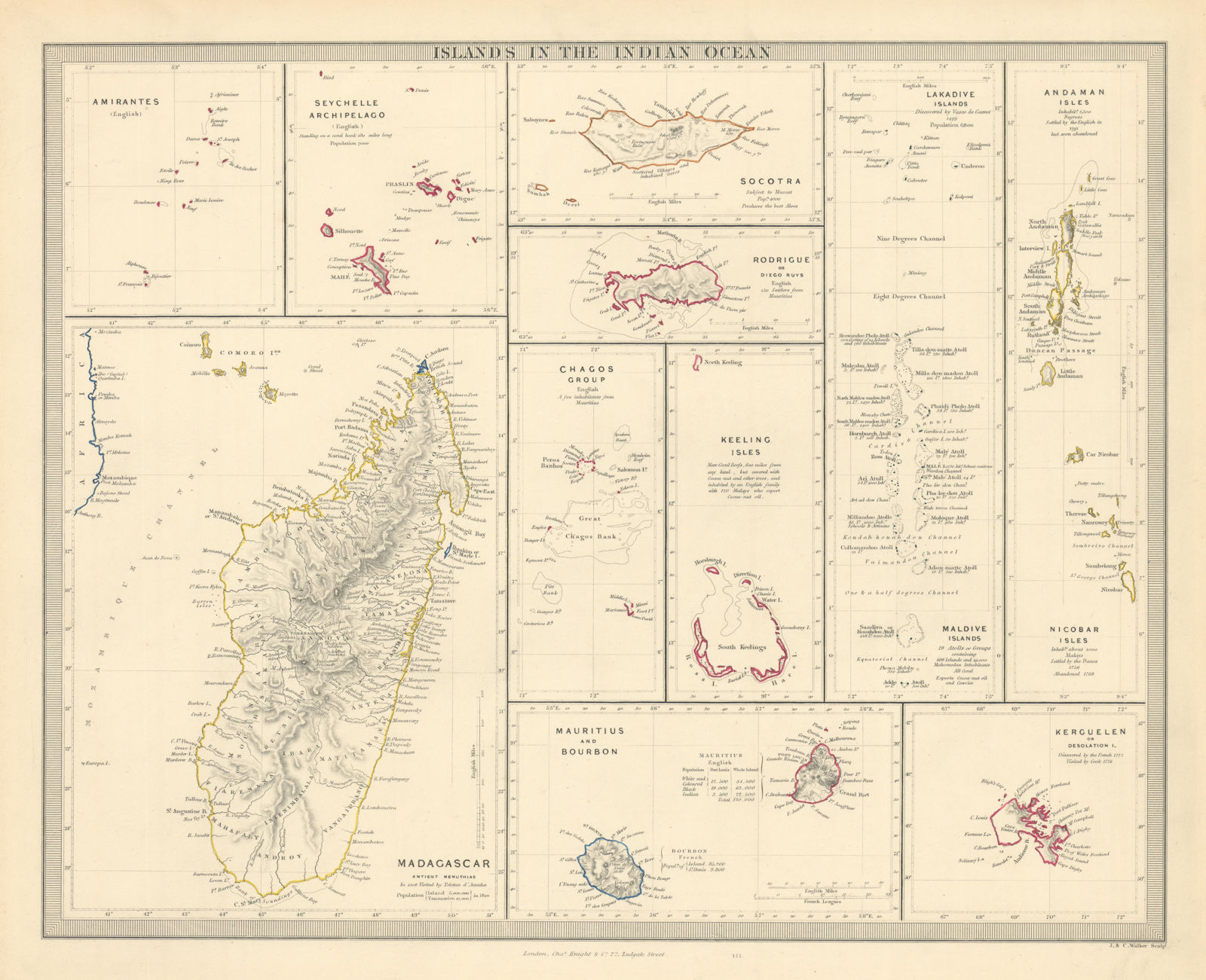 INDIAN OCEAN ISLANDS Madagascar Seychelles Maldives Mauritius. SDUK 1851 map