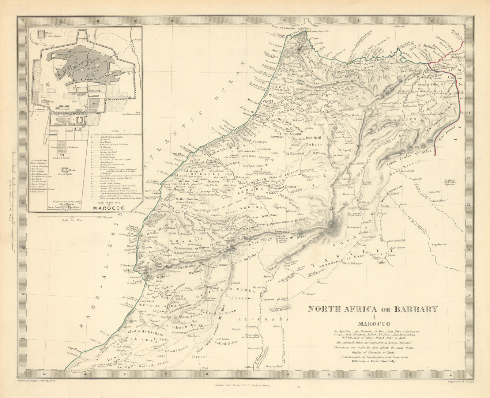 NORTH AFRICA OR BARBARY I. MAROCCO. Morocco. MARRAKECH city plan. SDUK 1851 map