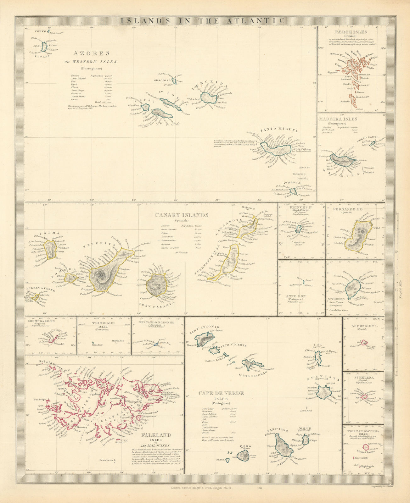 ATLANTIC ISLANDS. Azores Faeroes Madeira Canary Bermuda Falklands. SDUK 1851 map