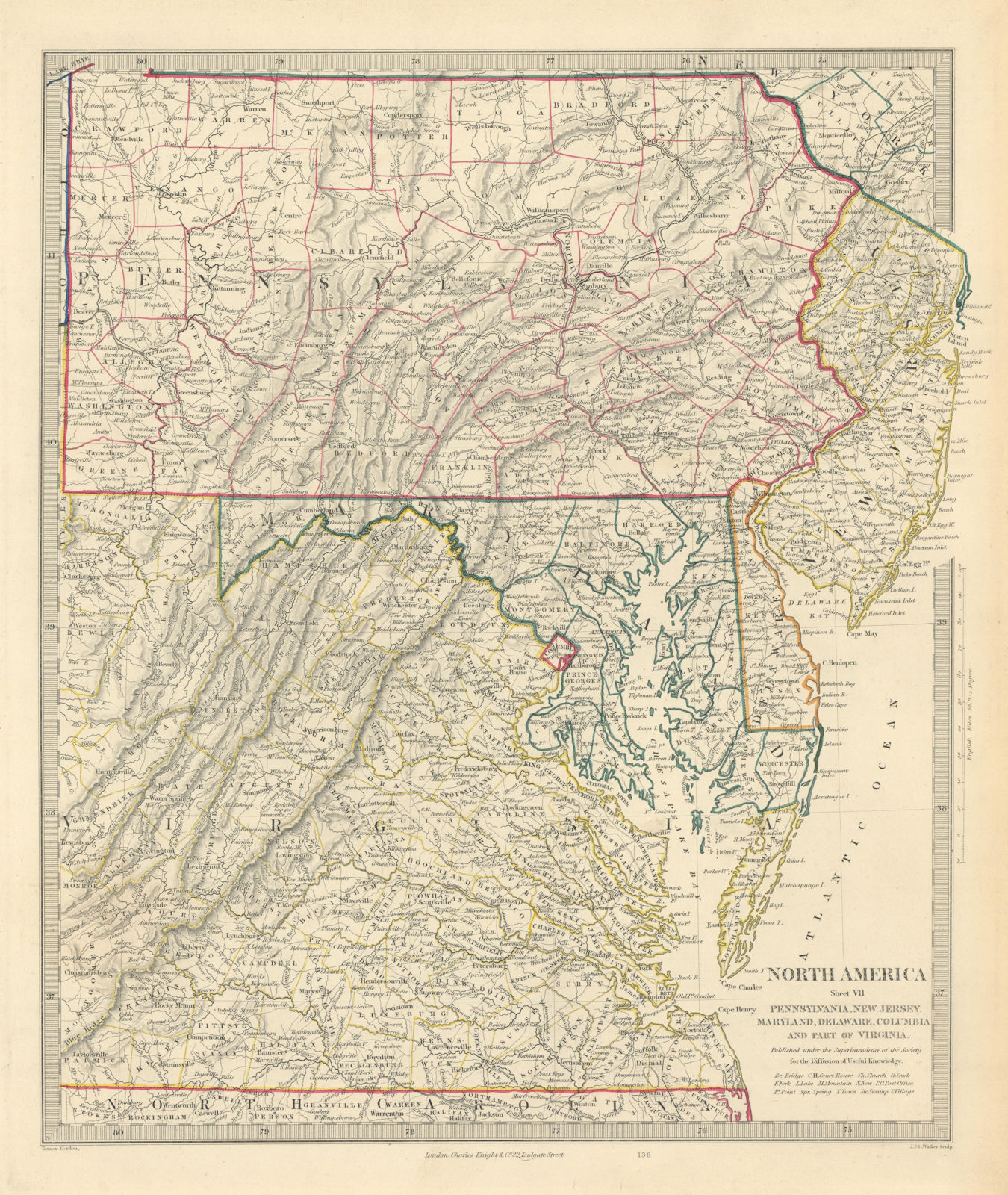 USA. Pennsylvania New Jersey Maryland Delaware DC Virginia. SDUK 1851 old map