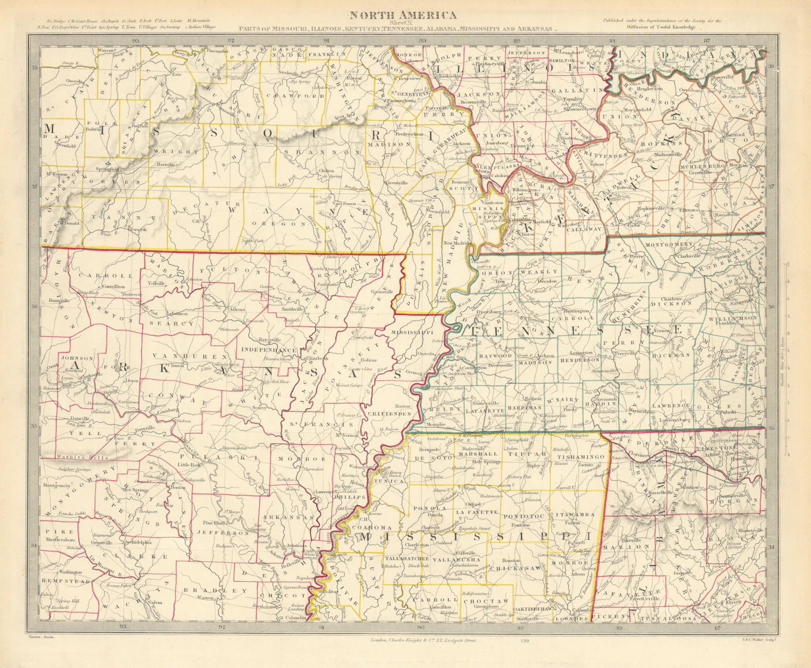 USA. Arkansas Tennessee. MO MS IL IN KY AL. Mississippi River. SDUK 1851 map