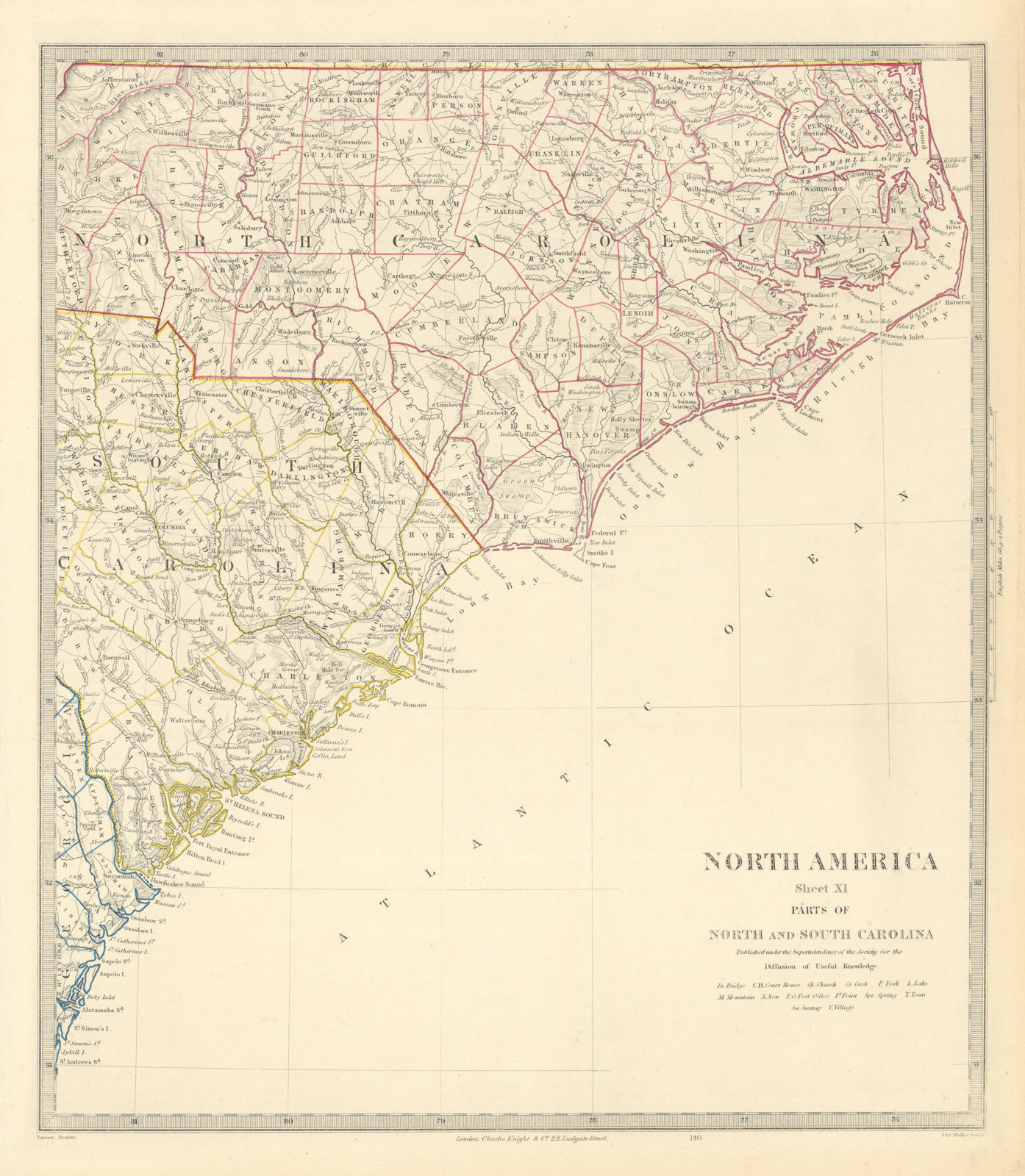 USA. Coastal North & South Carolina. Charleston. Cape Hatteras. SDUK 1851 map