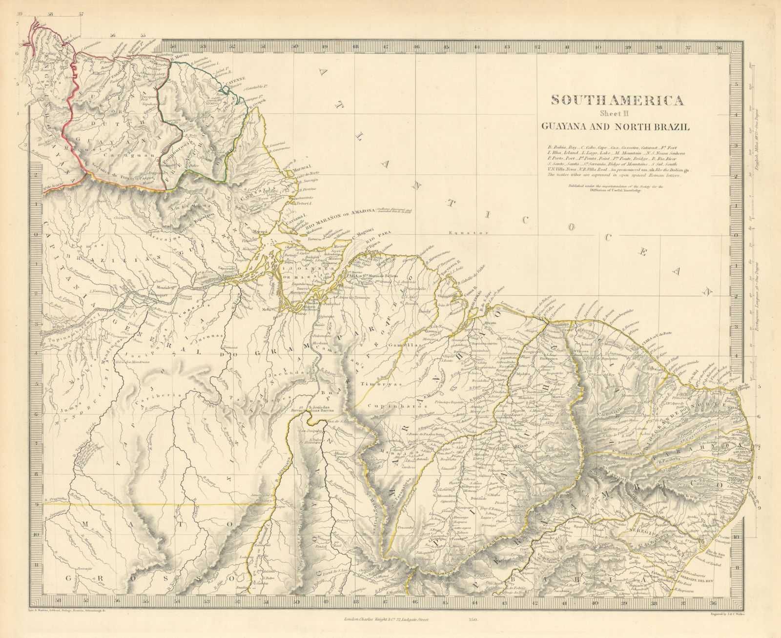 AMAZONIA. Showing Indian tribes. Guyana Surinam Brazil. Recife. SDUK 1851 map