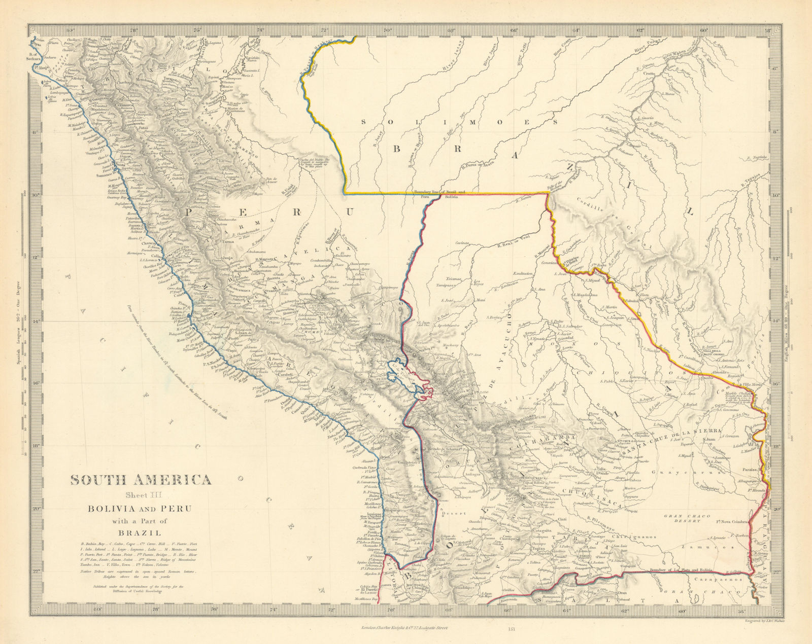 BOLIVIA & PERU with a part of Brazil. Bolivia Litoral / sea coast. SDUK 1851 map
