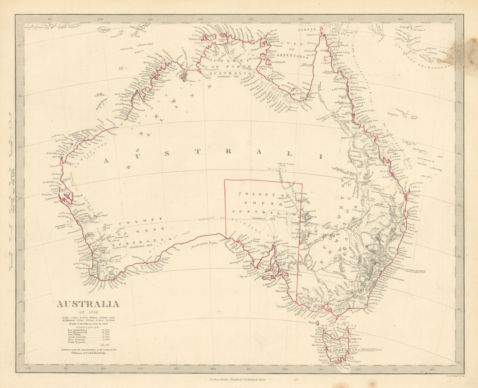 AUSTRALIA IN 1846. Shows dates colonies established. Population. SDUK 1851 map