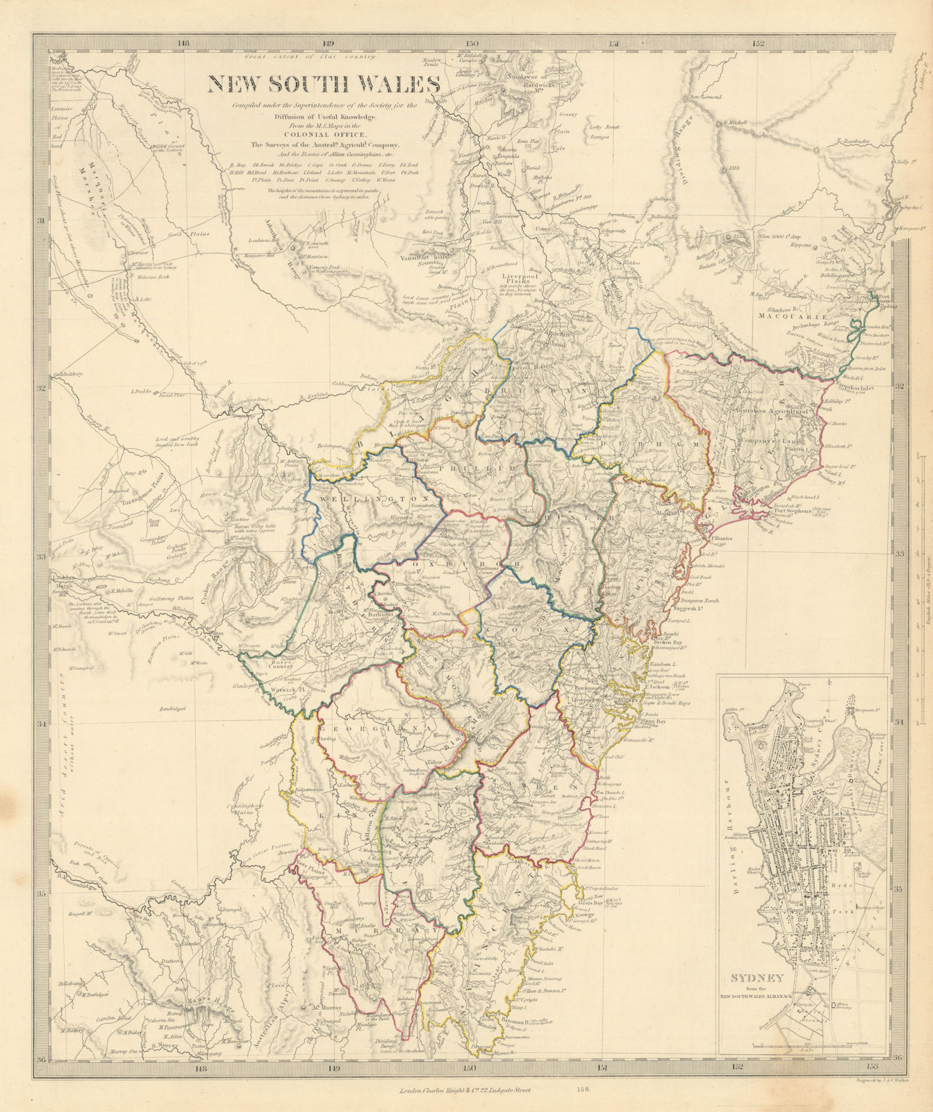 NEW SOUTH WALES based on Cunningham routes. SYDNEY city plan. SDUK 1851 map