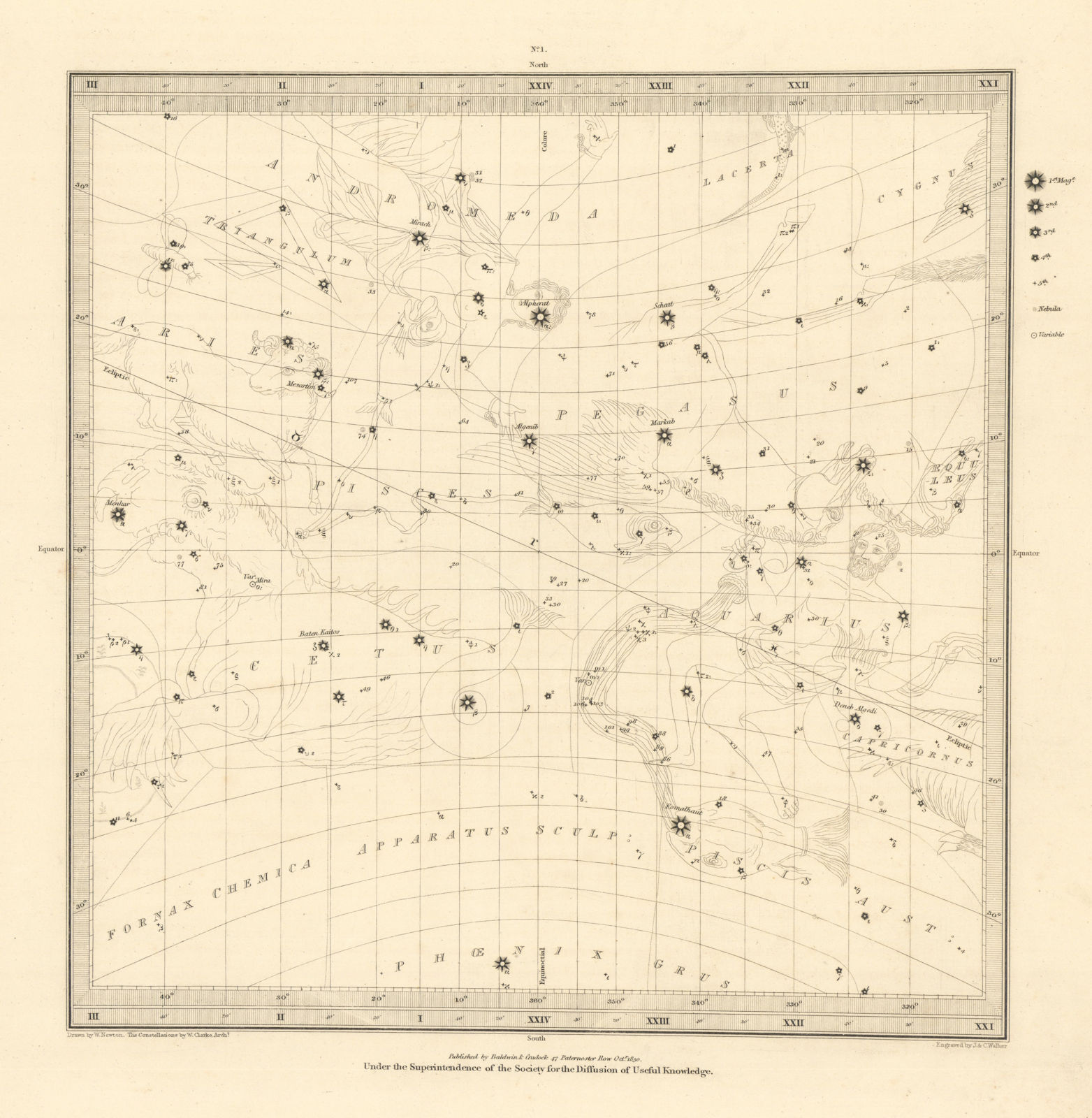 ASTRONOMY CELESTIAL. Star map. Star chart, I. Vernal Equinox. SDUK 1830
