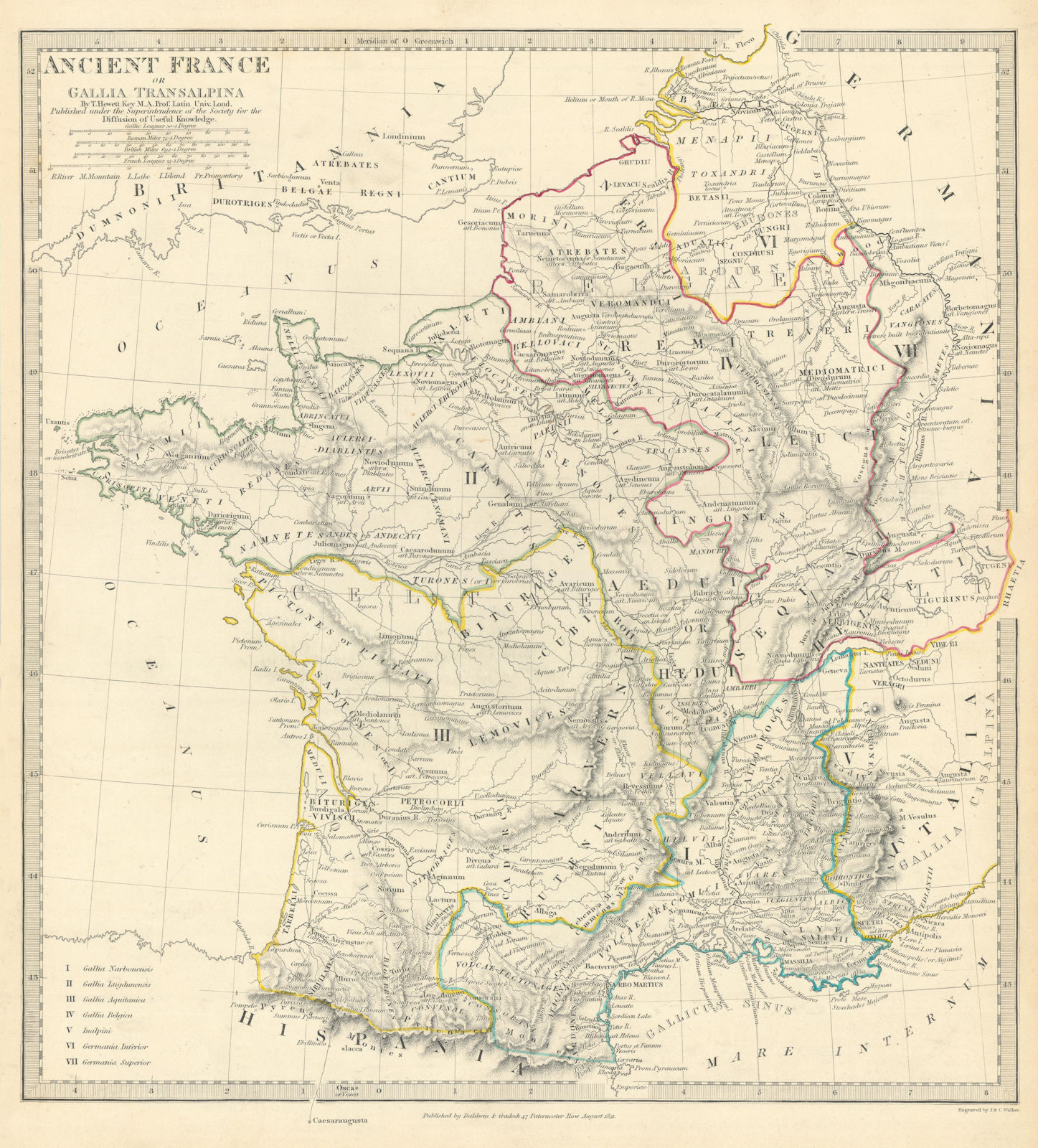 ANCIENT ROMAN FRANCE GAUL. Gallia Transalpina. Roman names roads.SDUK 1844 map