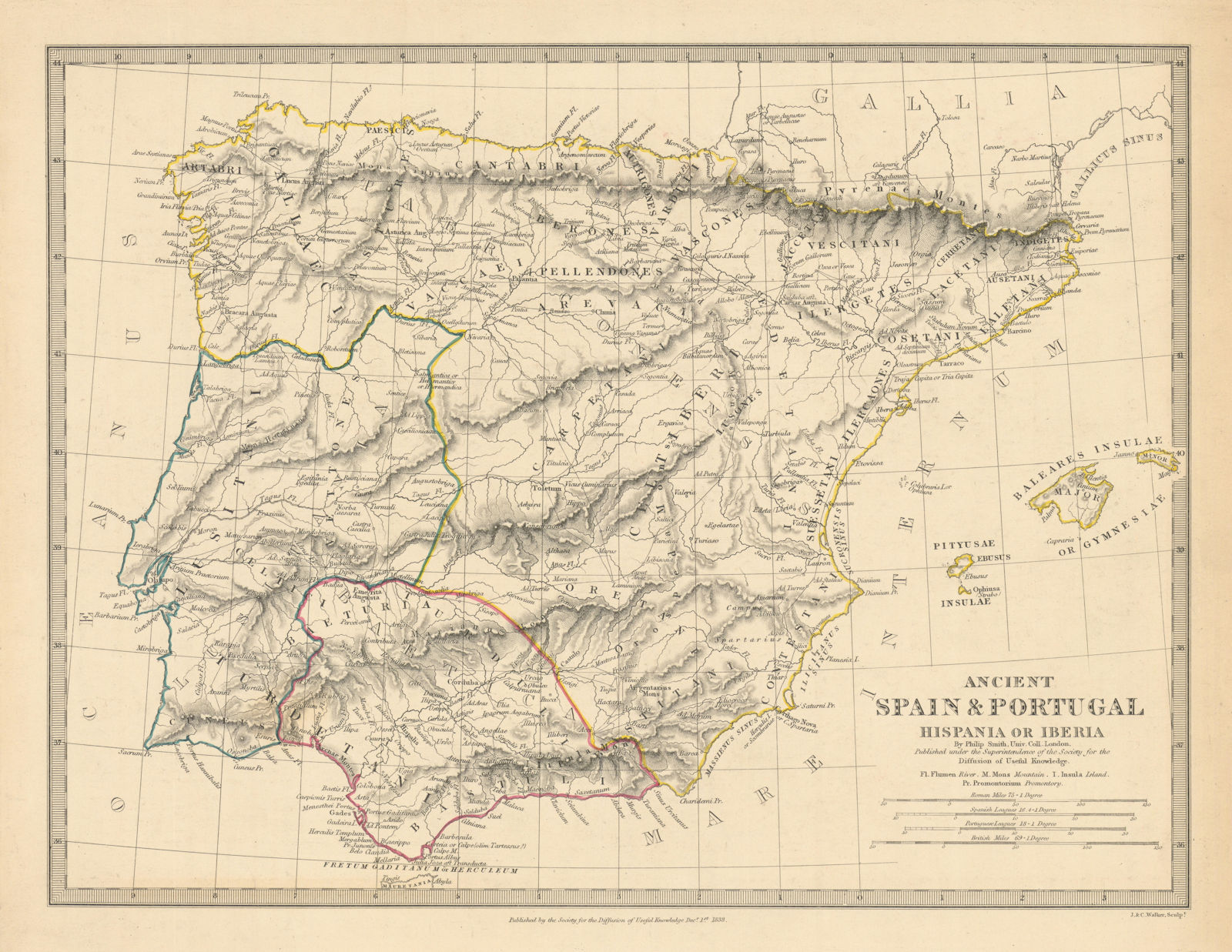 HISPANIA IBERIA. Ancient Spain & Portugal. Roman names & roads. SDUK 1848 map