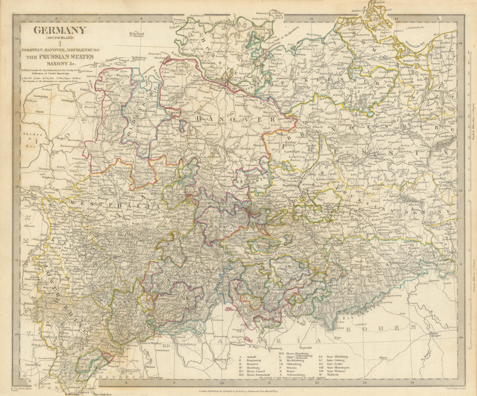 GERMANY DEUTSCHLAND.Holstein Hanover Mecklenburg Prussia Saxony.SDUK 1844 map