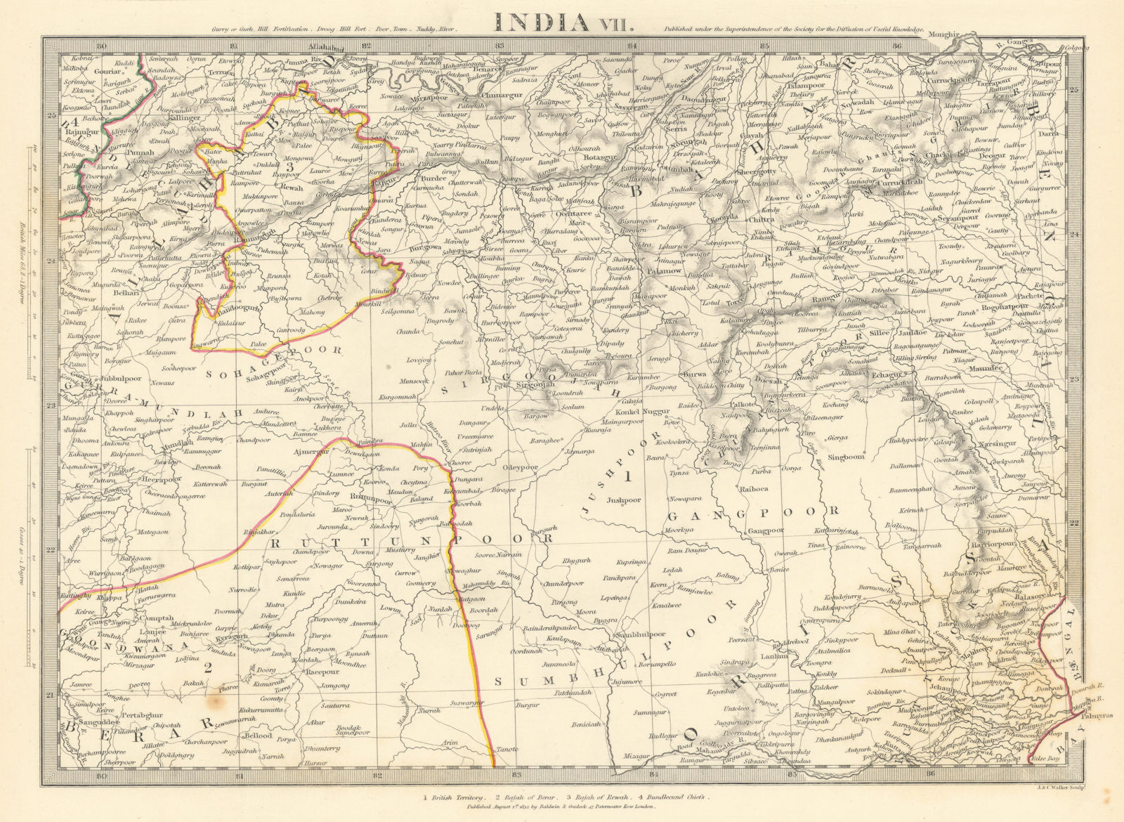 Associate Product INDIA.Allahabad to Bay of Bengal.Bahar. Berar Orissa Ruttunpoor.SDUK 1844 map