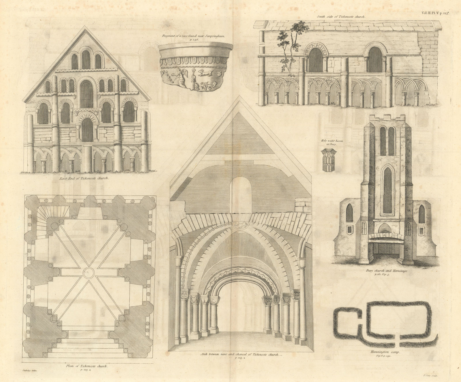 St Peter’s Church, Tickencote, Rutland. & Bury church 1789 old antique print