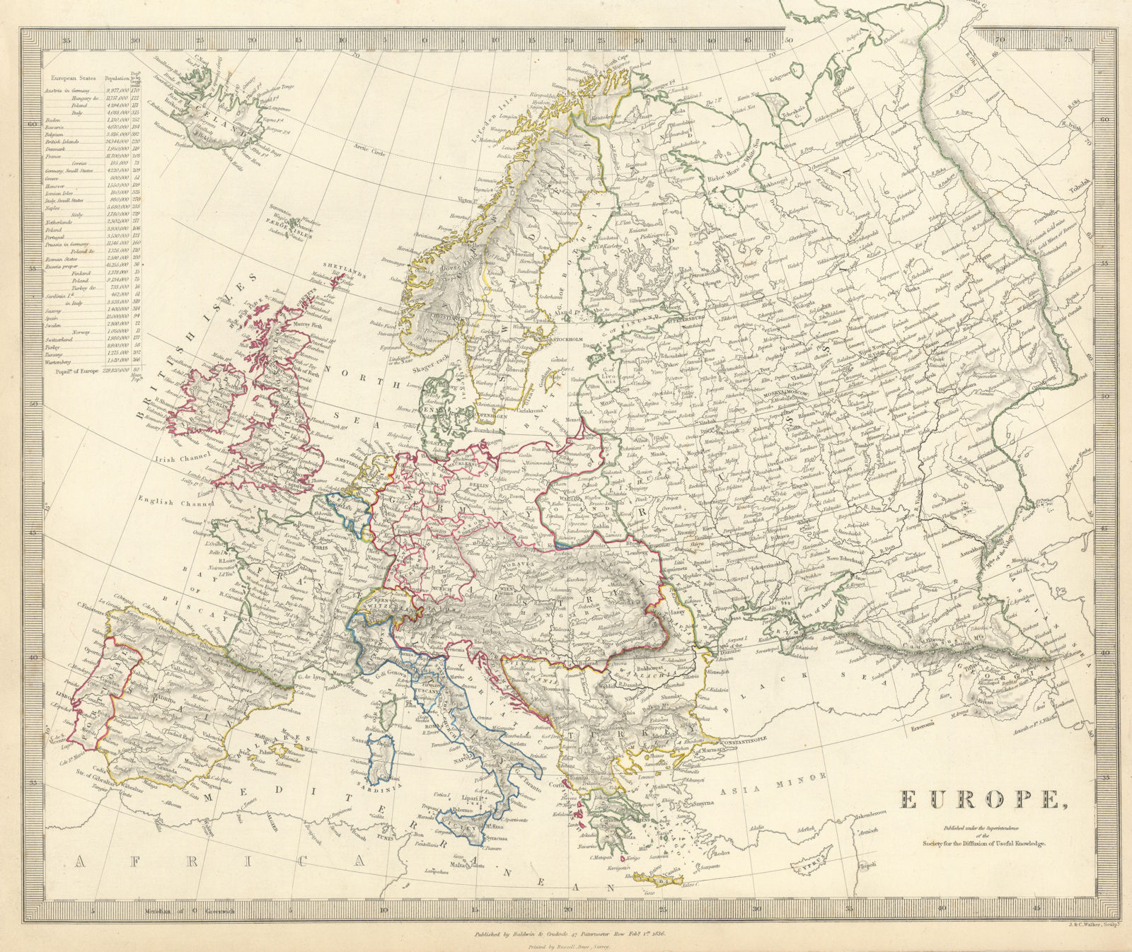EUROPE. General map. Inset table of population & density by country . SDUK 1844