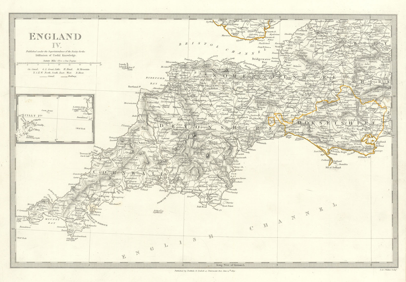 ENGLAND SOUTH WEST. Cornwall Devon Somerset Dorset Scilly Isles. SDUK 1844 map