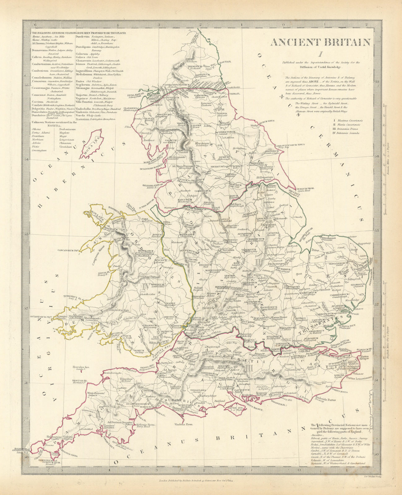 ANCIENT BRITAIN. England & Wales. Roman road town names. Ptolemy SDUK 1844 map