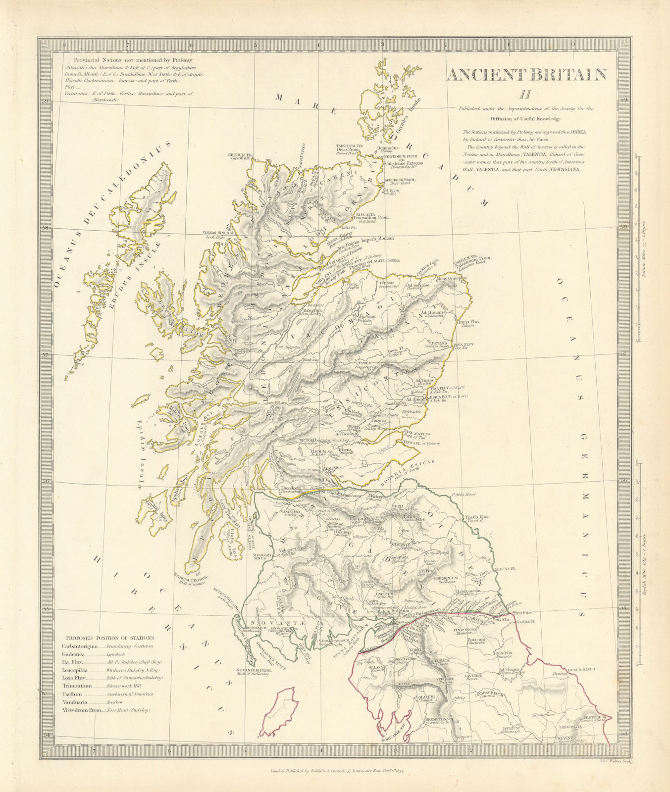 ANCIENT BRITAIN.Caledonia-Scotland.Roman road town names.Ptolemy.SDUK 1844 map
