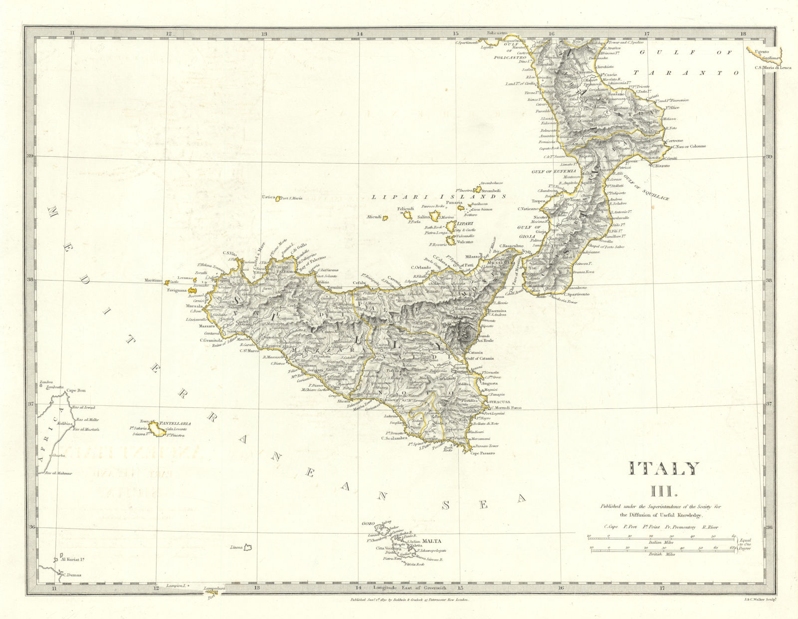Associate Product SICILY CALABRIA. Sicily Malta Gozo. Original outline colour. SDUK 1844 old map