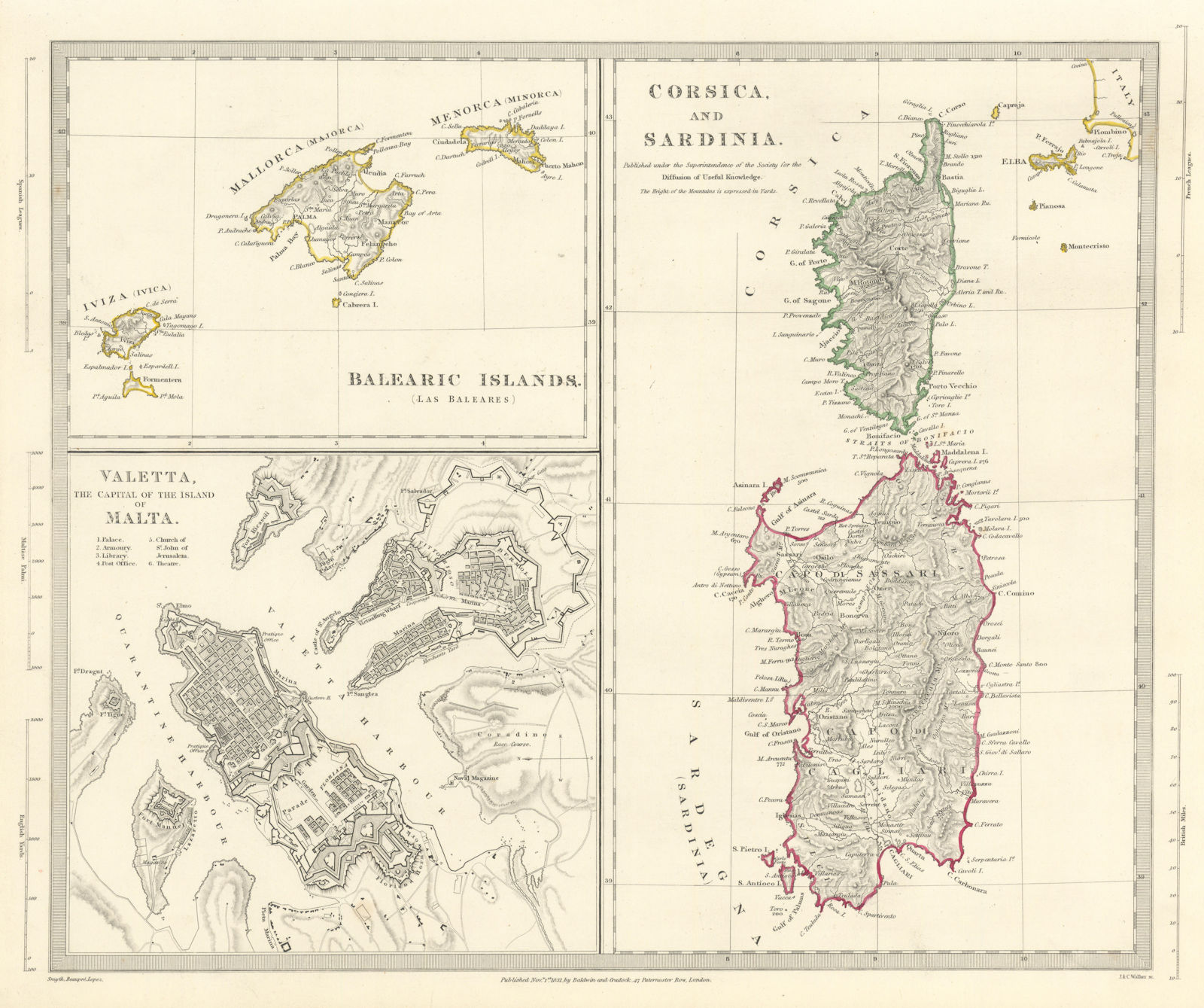 MEDITERRANEAN.Corsica Sardinia;Balearics Baleares;Valletta,Malta.SDUK 1844 map