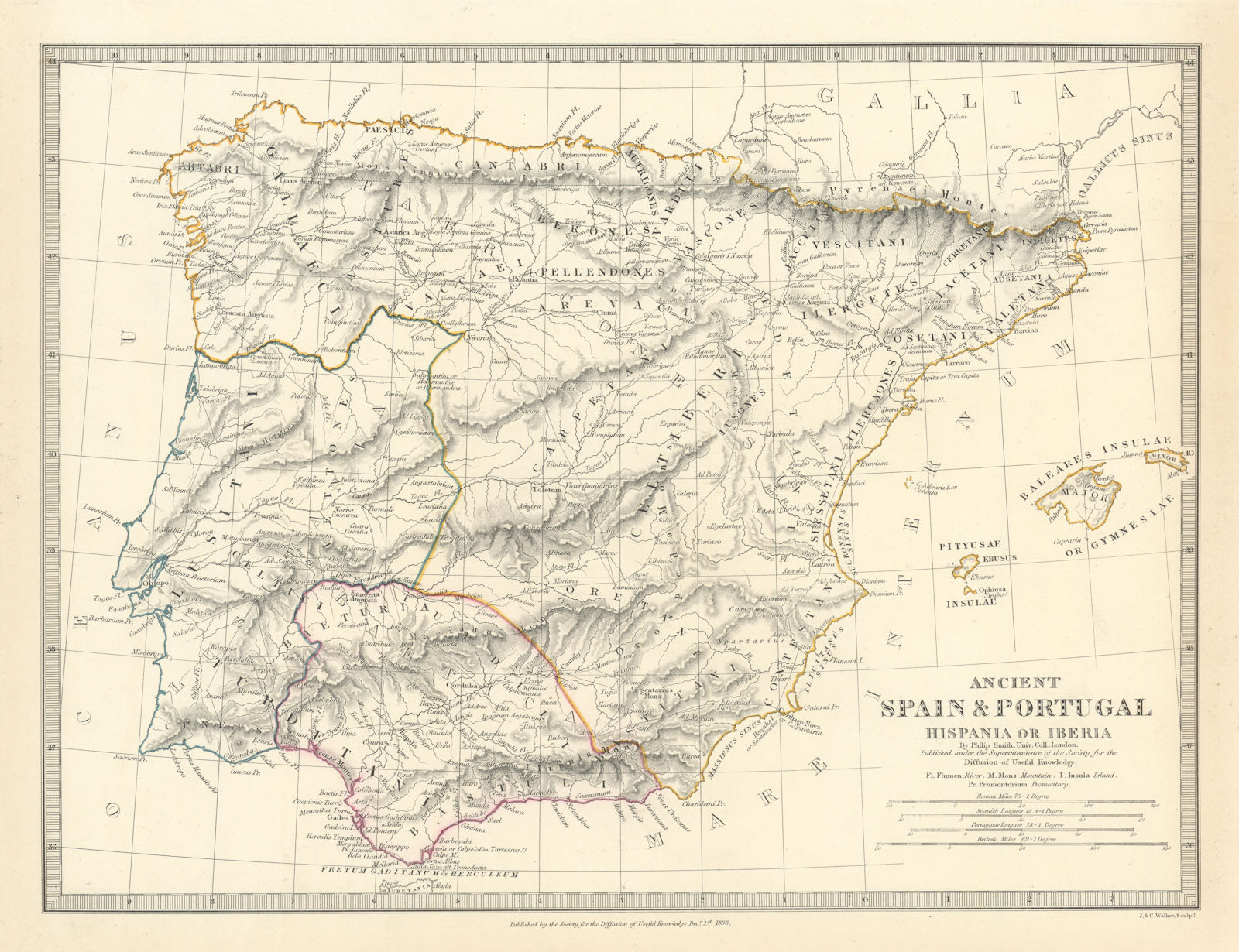 HISPANIA IBERIA. Ancient Spain & Portugal. Roman names & roads. SDUK 1844 map