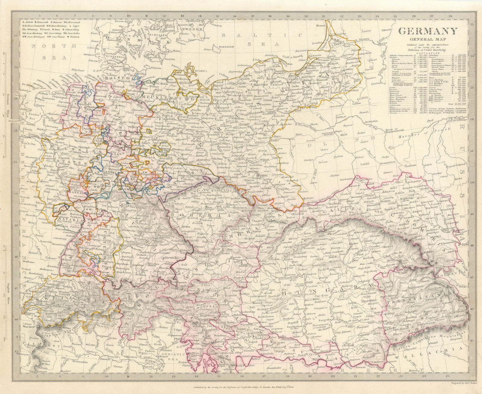 Associate Product GERMANY. General Map. Hungary. Population table. SDUK 1844 old antique