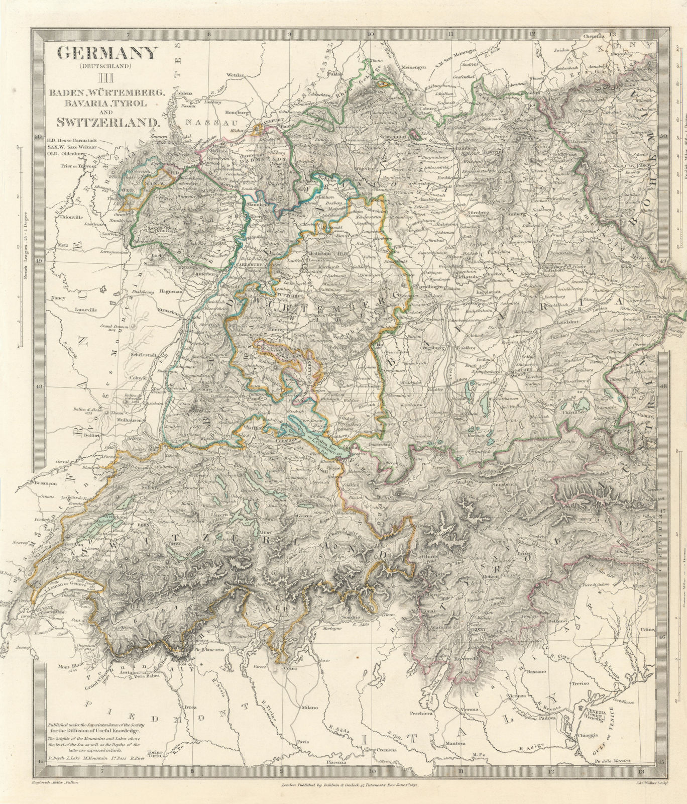 GERMANY SWITZERLAND AUSTRIA. Baden, Württemberg, Bavaria, Tyrol. SDUK 1844 map