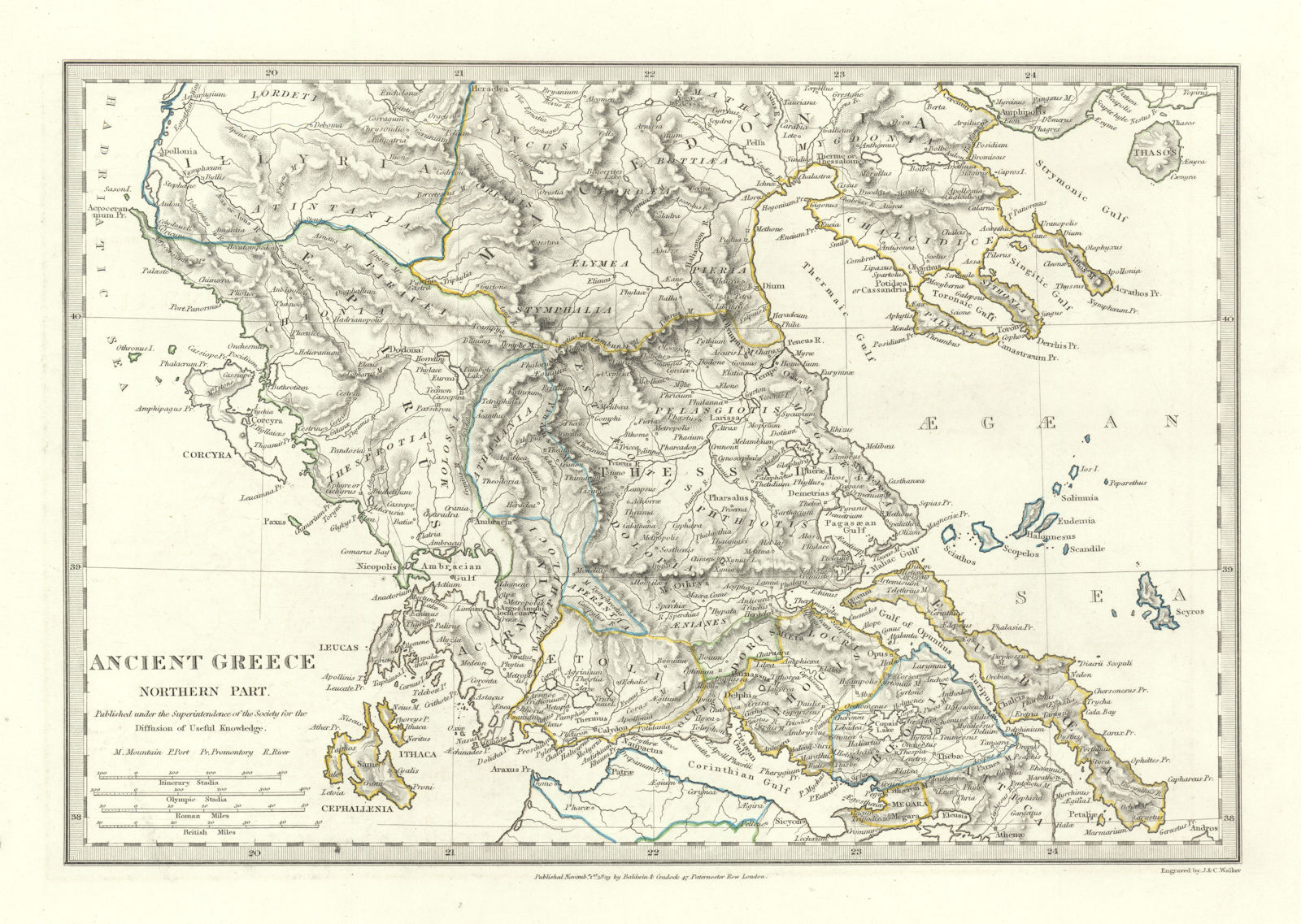 ANCIENT GREECE. Epirus Euboea Aetolia Thessalia Macedonia. SDUK 1844 old map