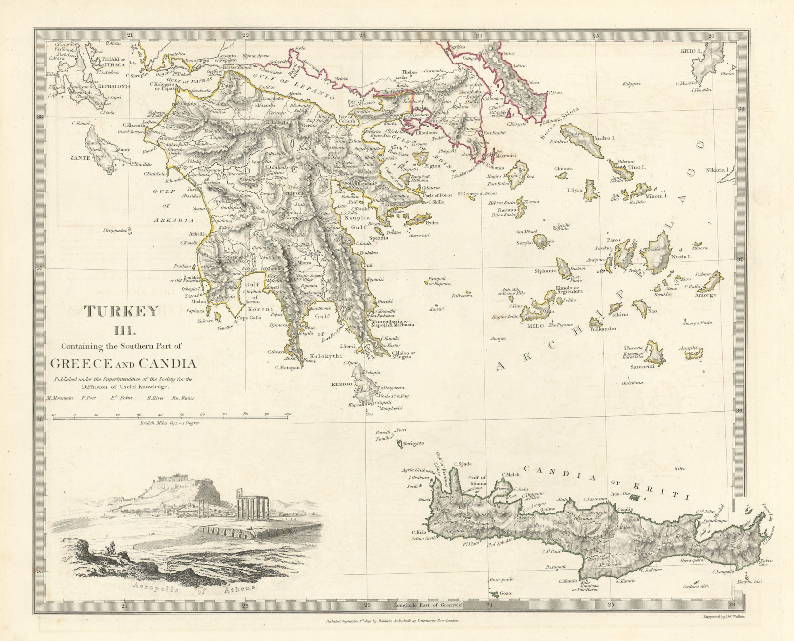 GREECE.Crete Morea Aegean Ionian Cyclades Zakynthos Peloponnese.SDUK 1844 map