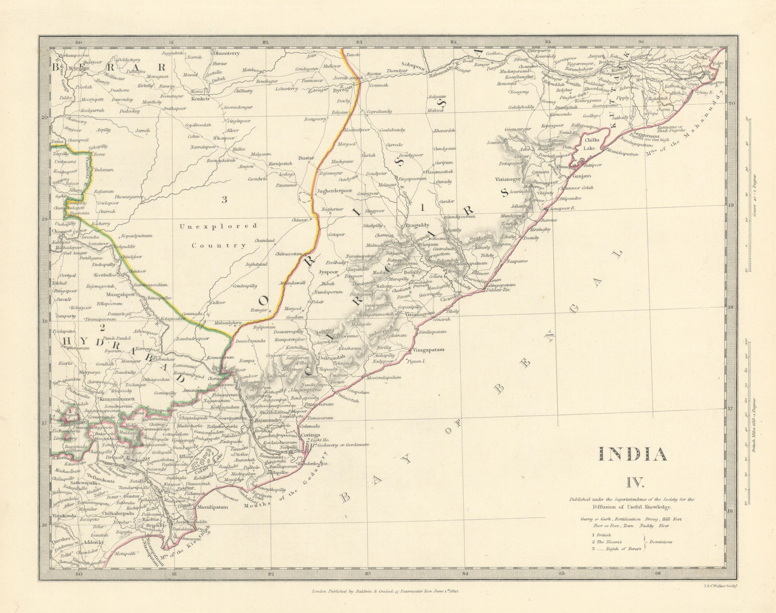 Associate Product INDIA. Cicars; Mouths of the Godavery. Berar; Hyderabad. Orissa. SDUK 1844 map