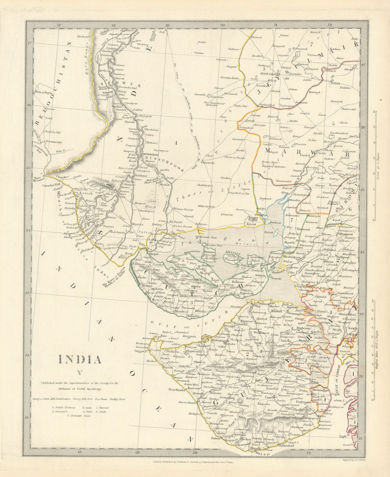 INDIA. Sinde to Gujerat. Marwar Cutch Jaisalmer. SDUK 1844 old antique map