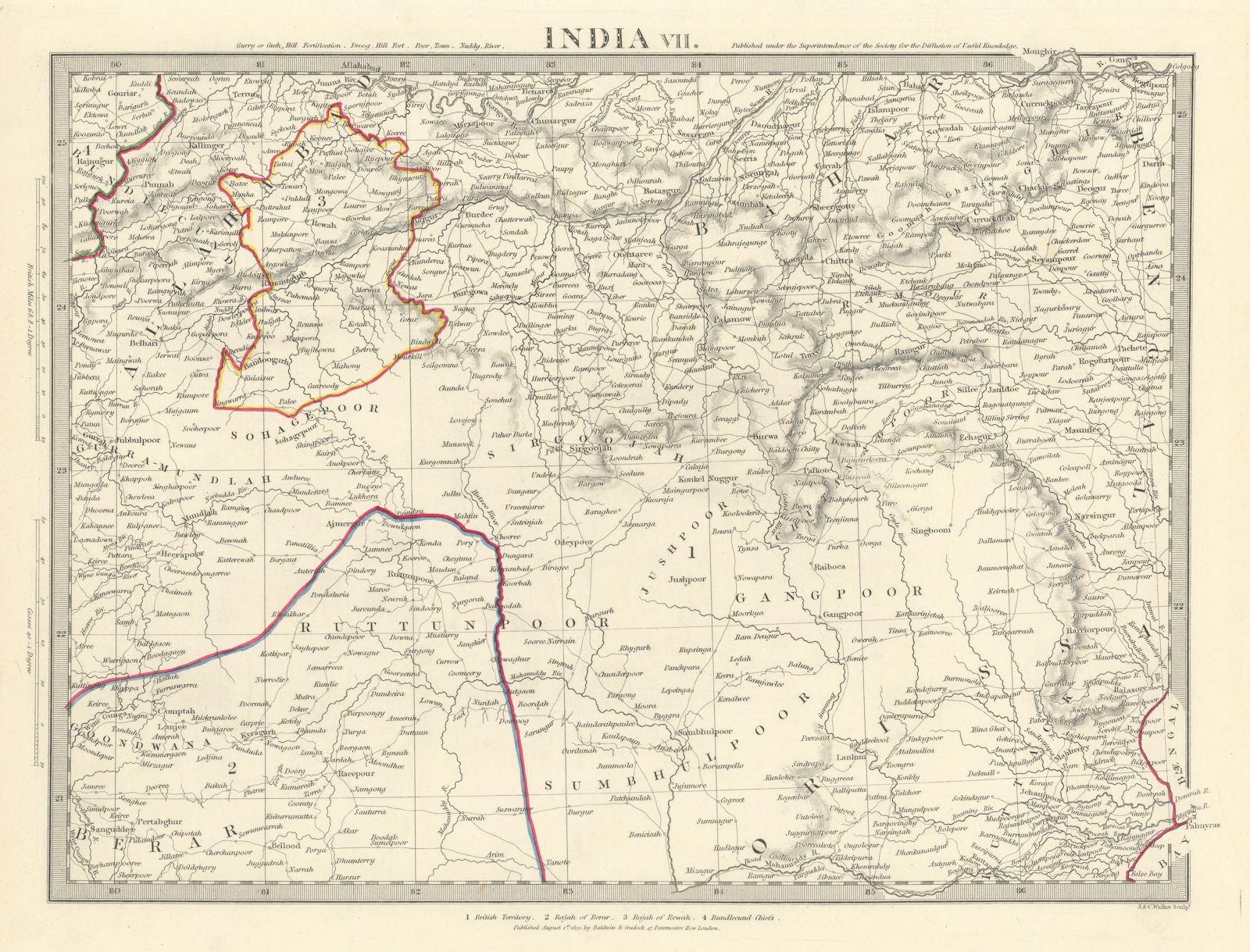 INDIA.Allahabad to Bay of Bengal.Bahar. Berar Orissa Ruttunpoor.SDUK 1844 map