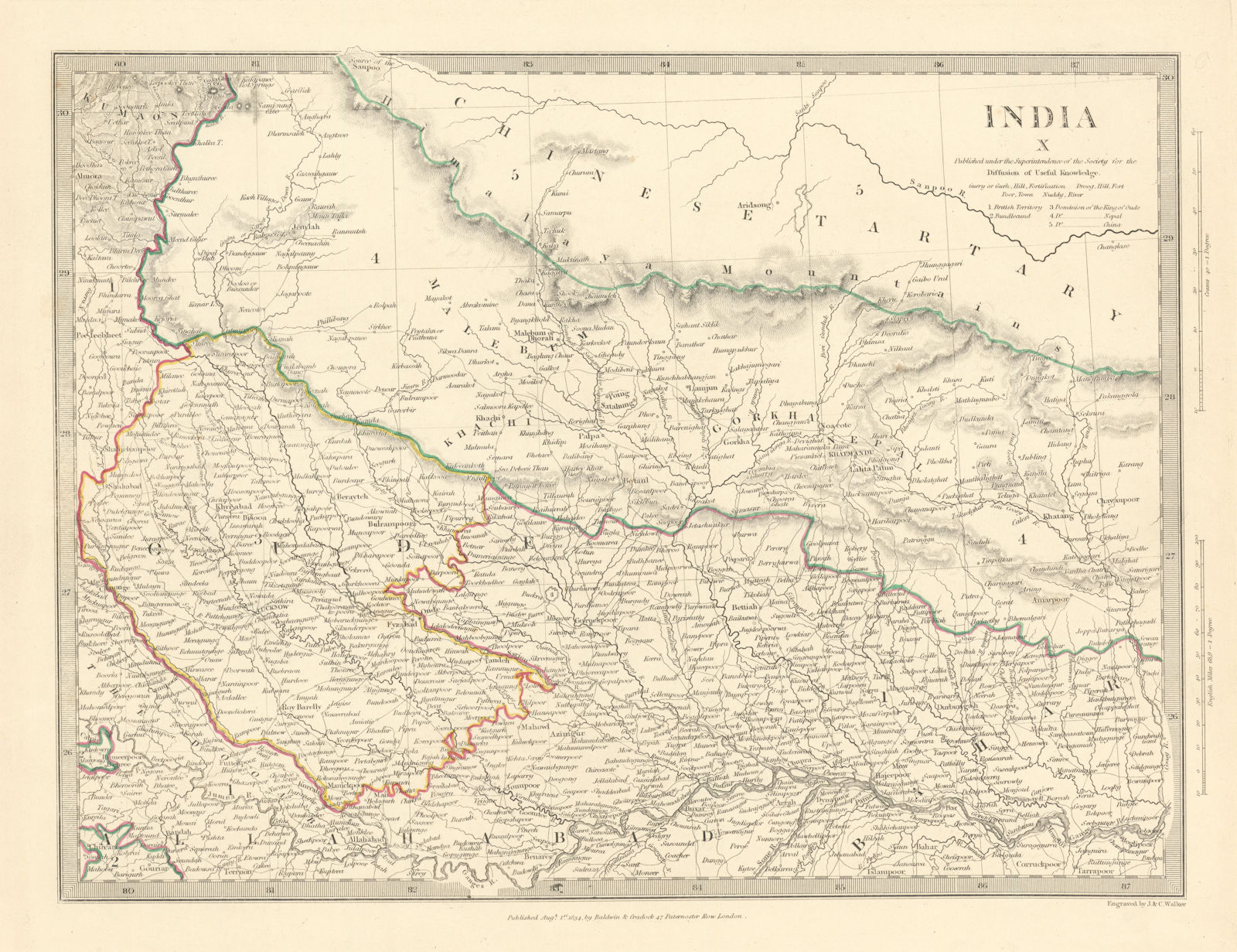 Associate Product NEPAL AND NORTHERN INDIA. Oude (Awadh) to Allahabad. Gorkha. SDUK 1844 old map