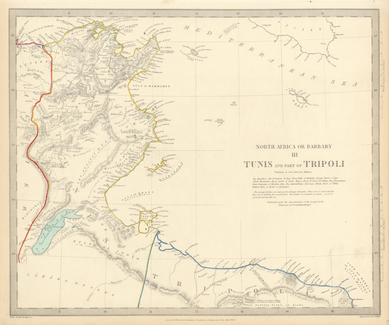 TUNISIA LIBYA. North Africa or Barbary. Tunis Tripoli. SDUK 1844 old map