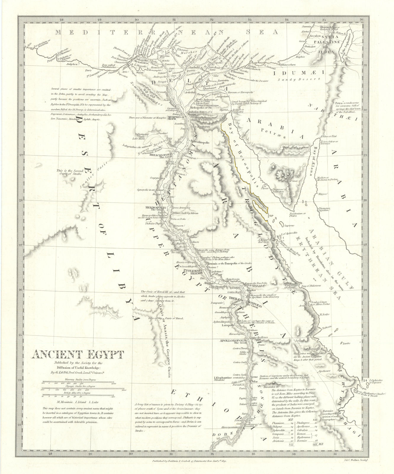 ANCIENT EGYPT. Nile Valley. Original outline colour. SDUK 1844 old antique map