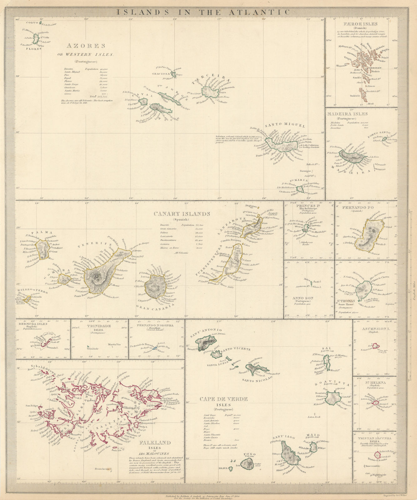 ATLANTIC ISLANDS.Azores Faeroes Madeira Canary Bermuda Falklands.SDUK 1844 map