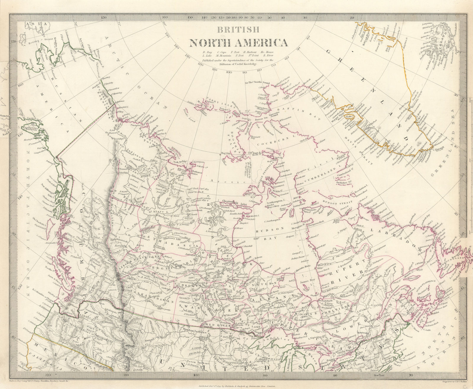 BRITISH NORTH AMERICA. Canada pre Oregon Treaty. Russian America.SDUK 1844 map