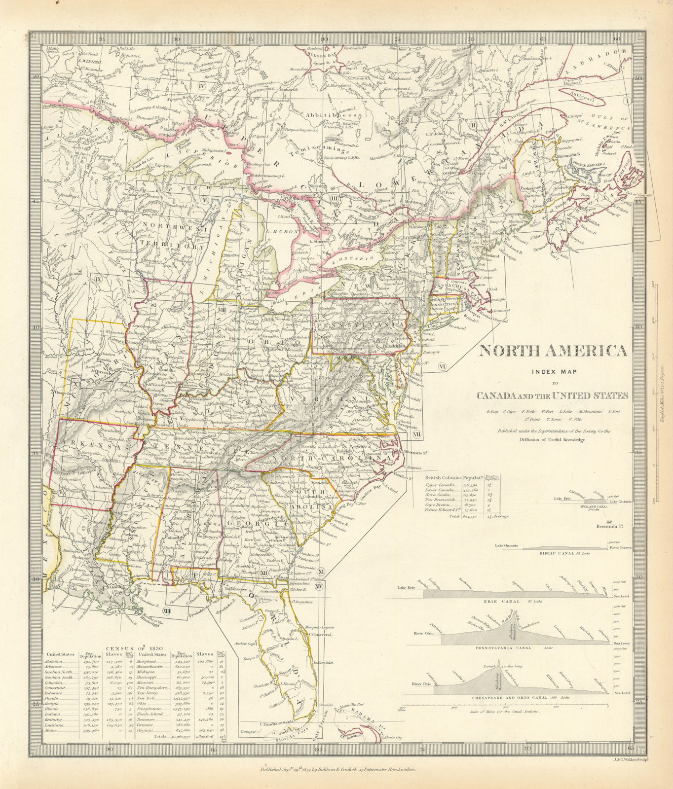 NORTH AMERICA EAST.Canada & USA.Canal Profiles.1830 Census table.SDUK 1844 map