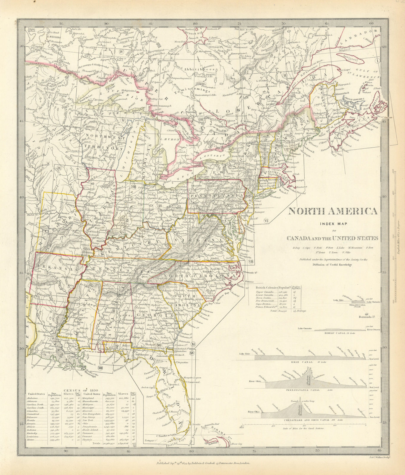 Associate Product NORTH AMERICA EAST.Canada & USA.Canal Profiles.1830 Census table.SDUK 1844 map