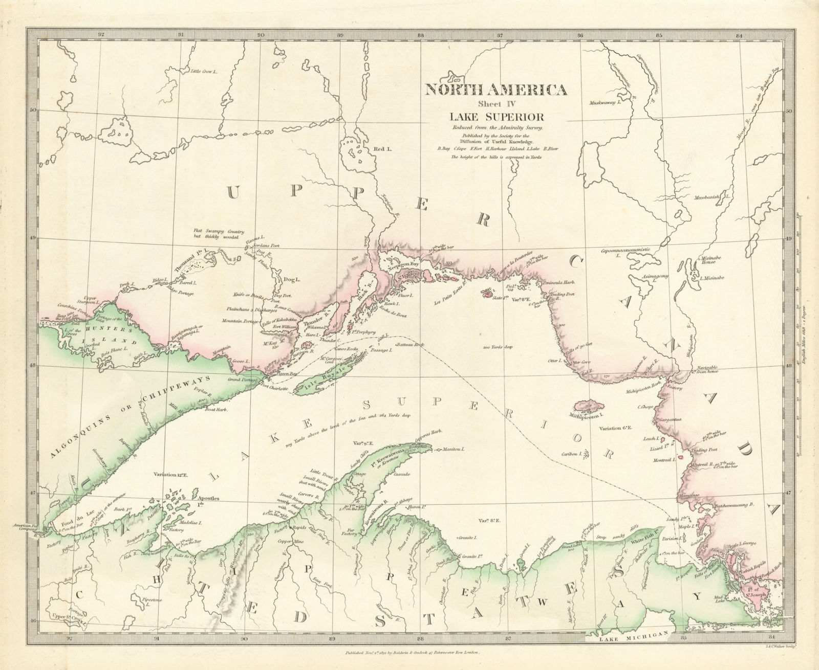 LAKE SUPERIOR.Canada USA Ontario Chippewa Michigan.Indian tribes.SDUK 1844 map