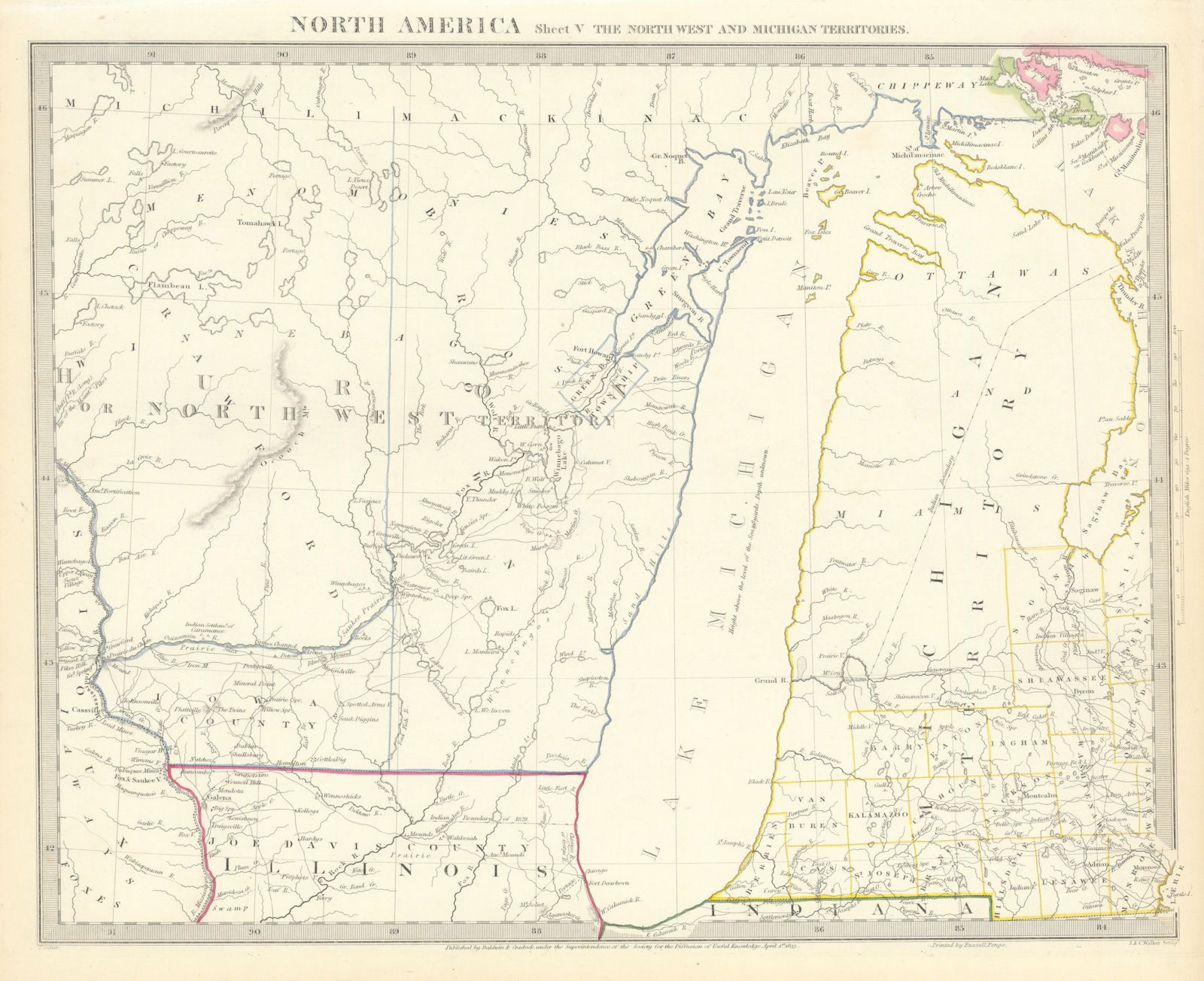 LAKE MICHIGAN.Wisconsin - NW Territory.Indian tribes villages. SDUK 1844 map