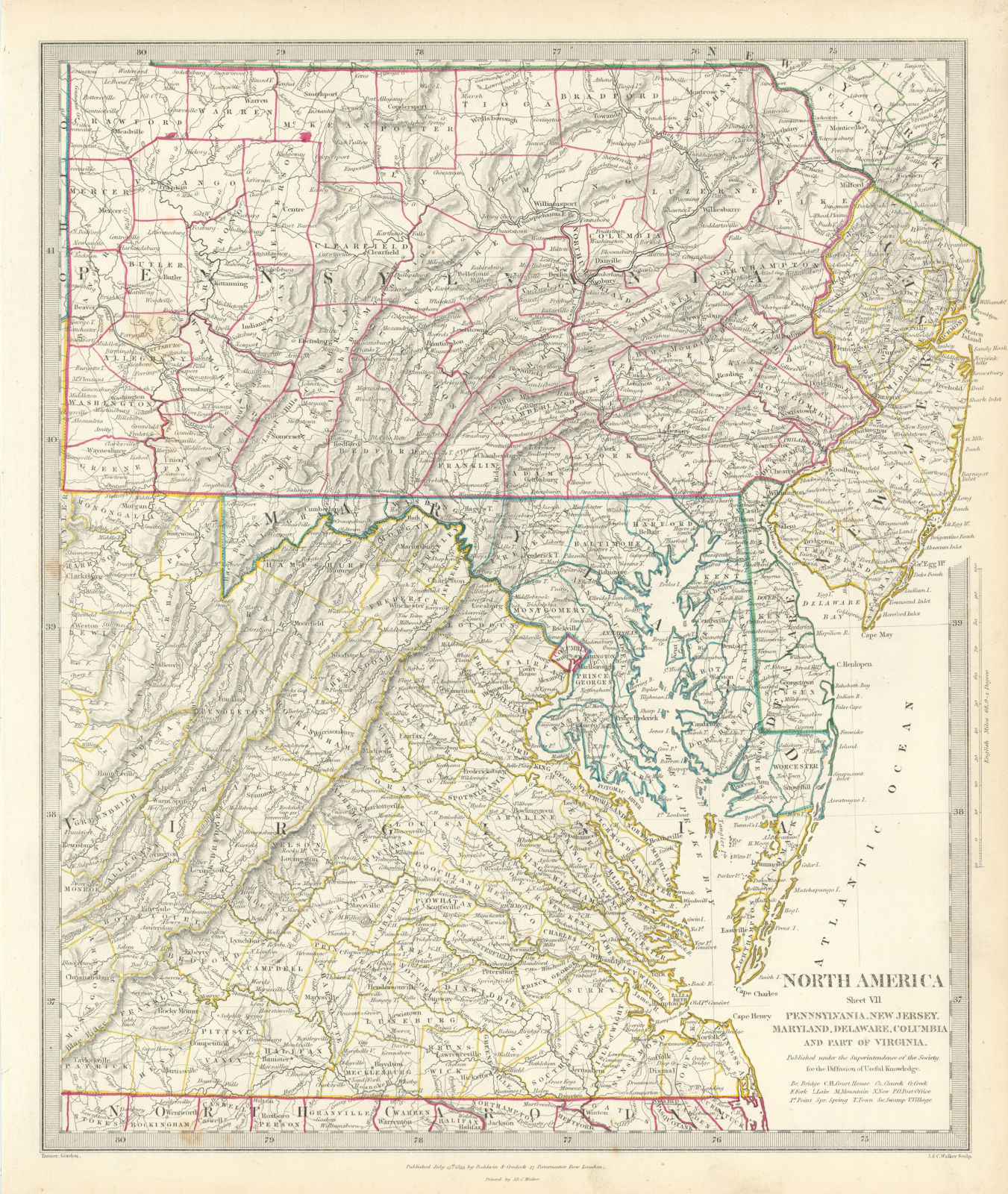 USA. Pennsylvania New Jersey Maryland Delaware DC Virginia. SDUK 1844 old map