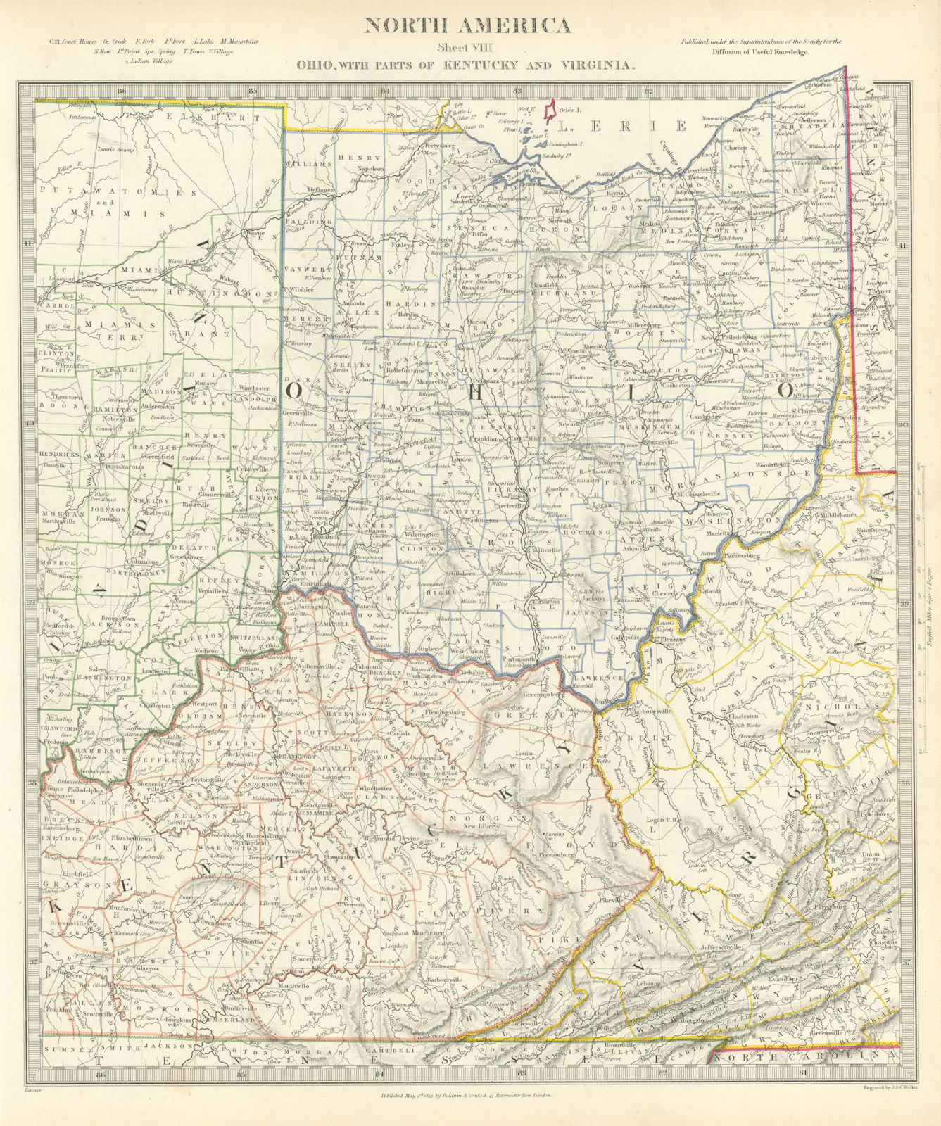 USA. Ohio with parts of Kentucky, Virginia & Indiana. Counties. SDUK 1844 map