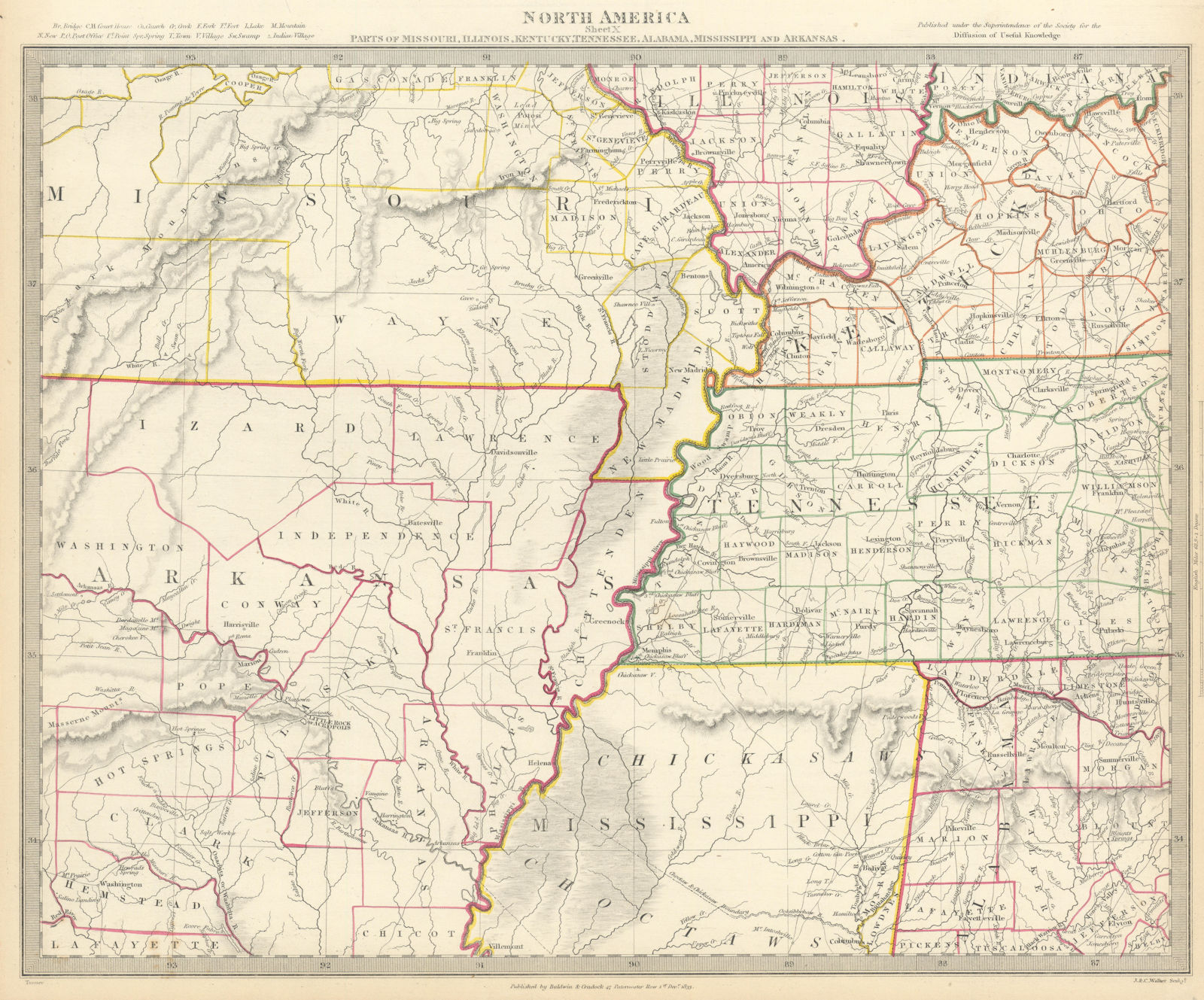 USA. AR MO TN MS IL IN KY AL. Choctaw Chickasaw boundaries. SDUK 1844 old map