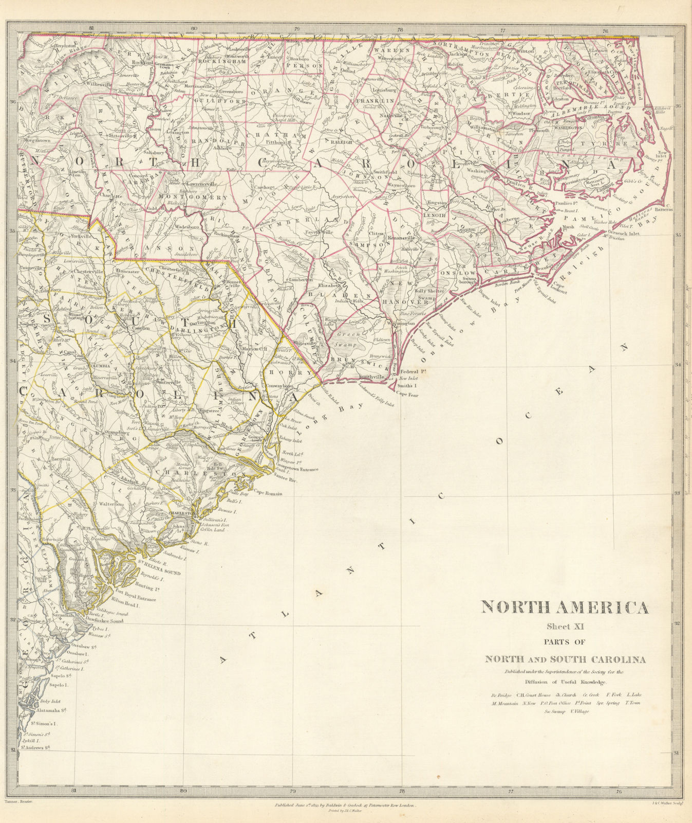 USA. Coastal North & South Carolina. Charleston.Cape Hatteras. SDUK 1844 map
